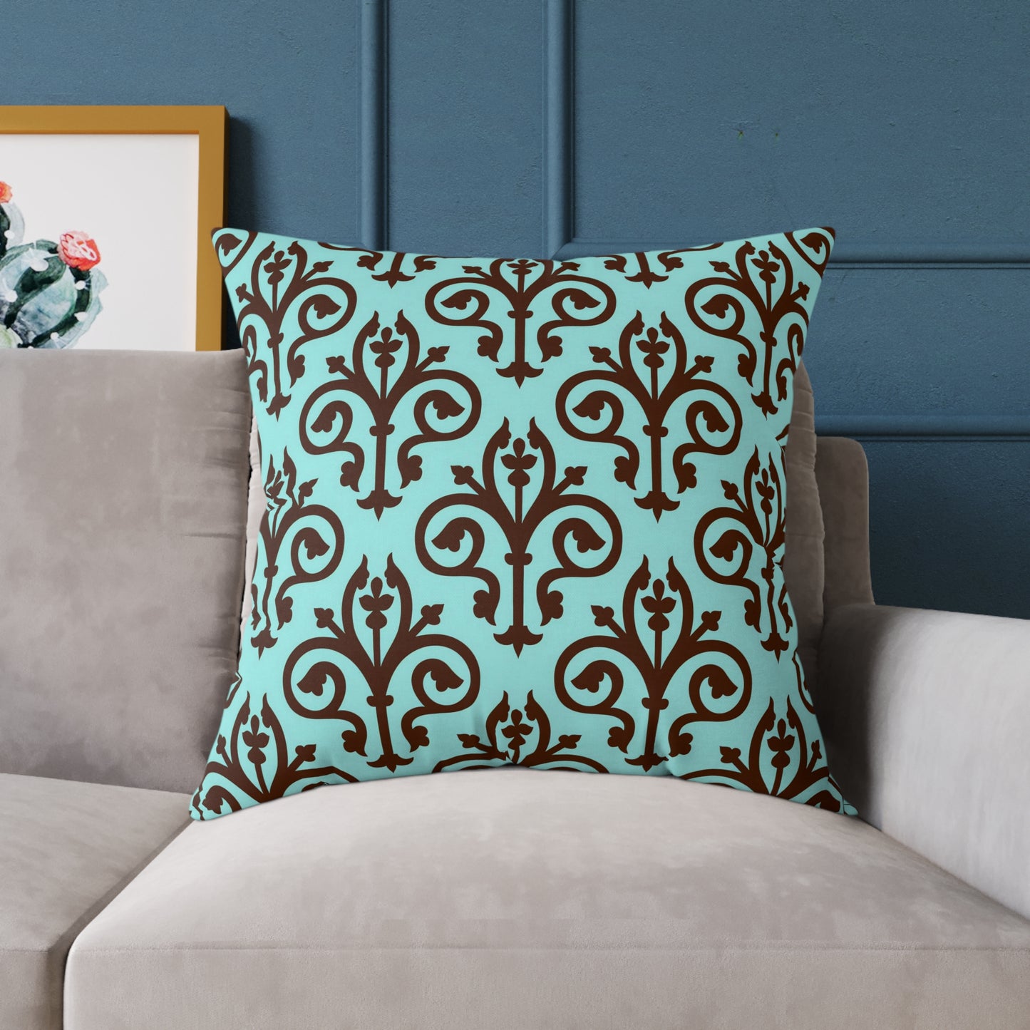Turquoise Brown Damask Square Pillow | Decorative Throw Pillow