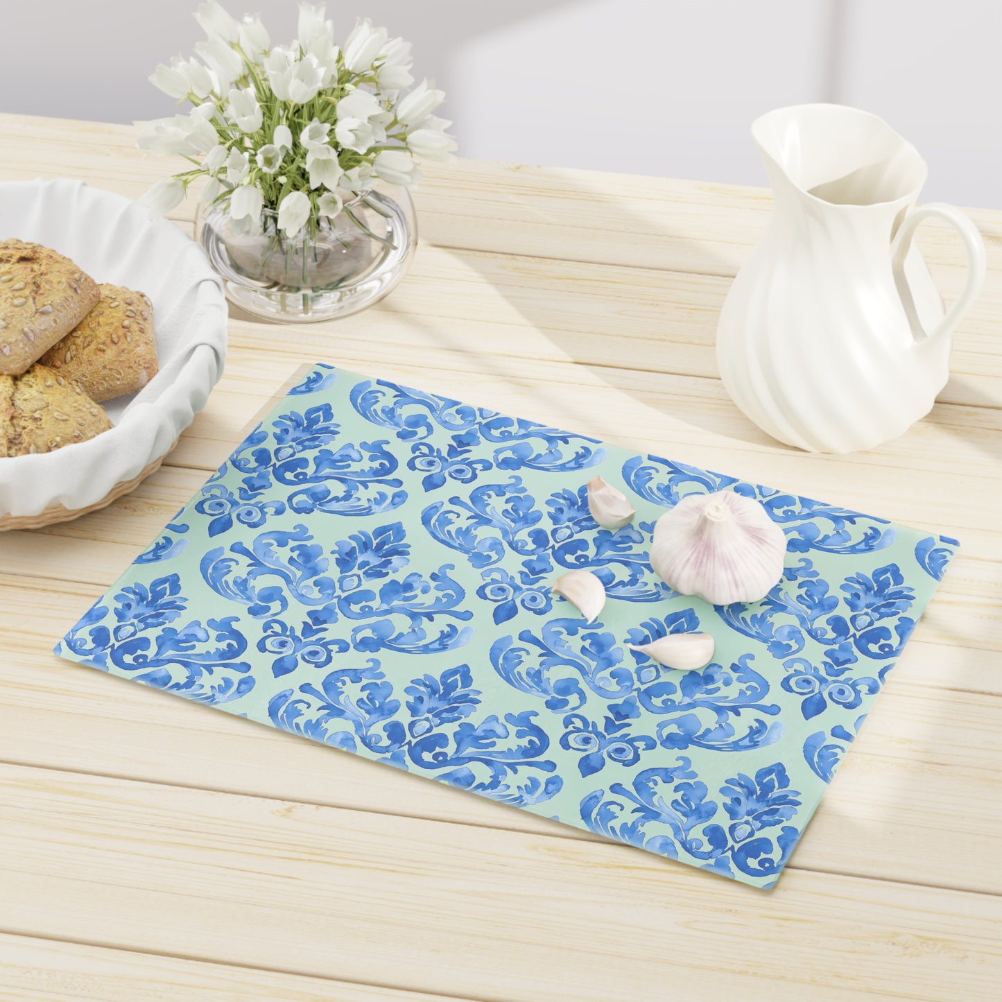 Elegant Floral Cutting Board, Kitchen Decor, Gift for Chefs, Wedding Gift, Serving Tray, Blue Damask Design - LOLA VEGAS ART