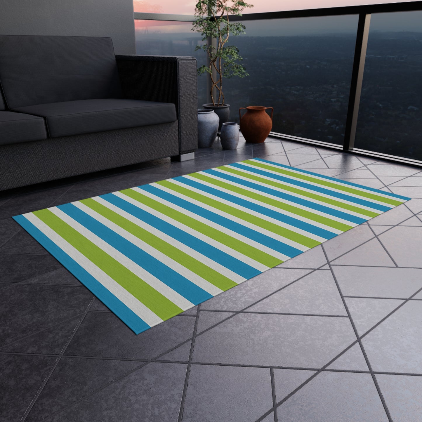 Blue Green Striped Outdoor/Indoor Rug | Patio Mat, Porch Deck Floor Covering