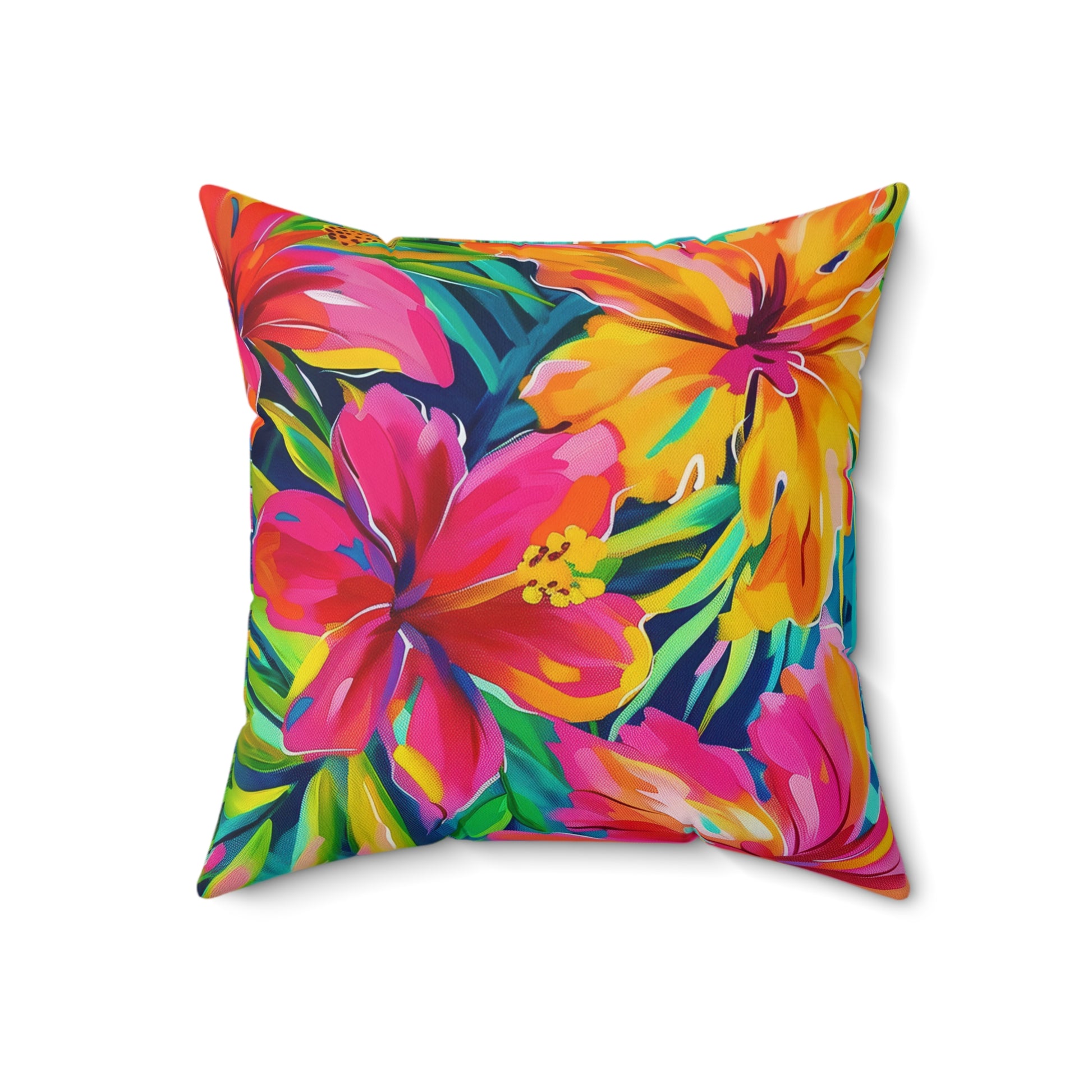 Vibrant Pink, Yellow, Blue Floral Throw Pillow, Tropical Home Decor, Bright Cushion for Living Room, Summer Vibes, Gift for Friends - LOLA VEGAS ART