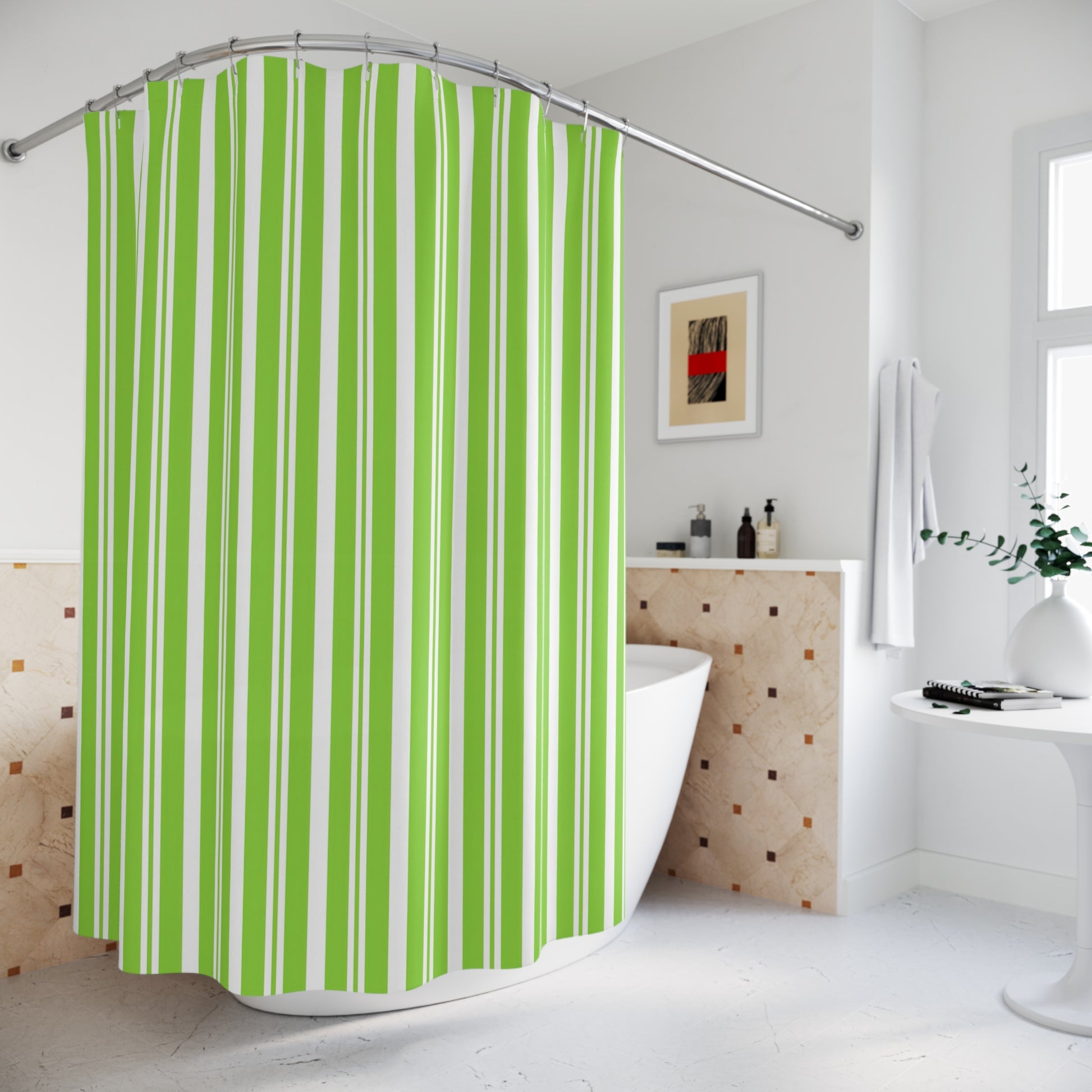Lively Green Striped Shower Curtain, Modern Bathroom Decor, Trendy Home Accessory, Gift for Her, Eco-Friendly Bath Curtain - LOLA VEGAS ART