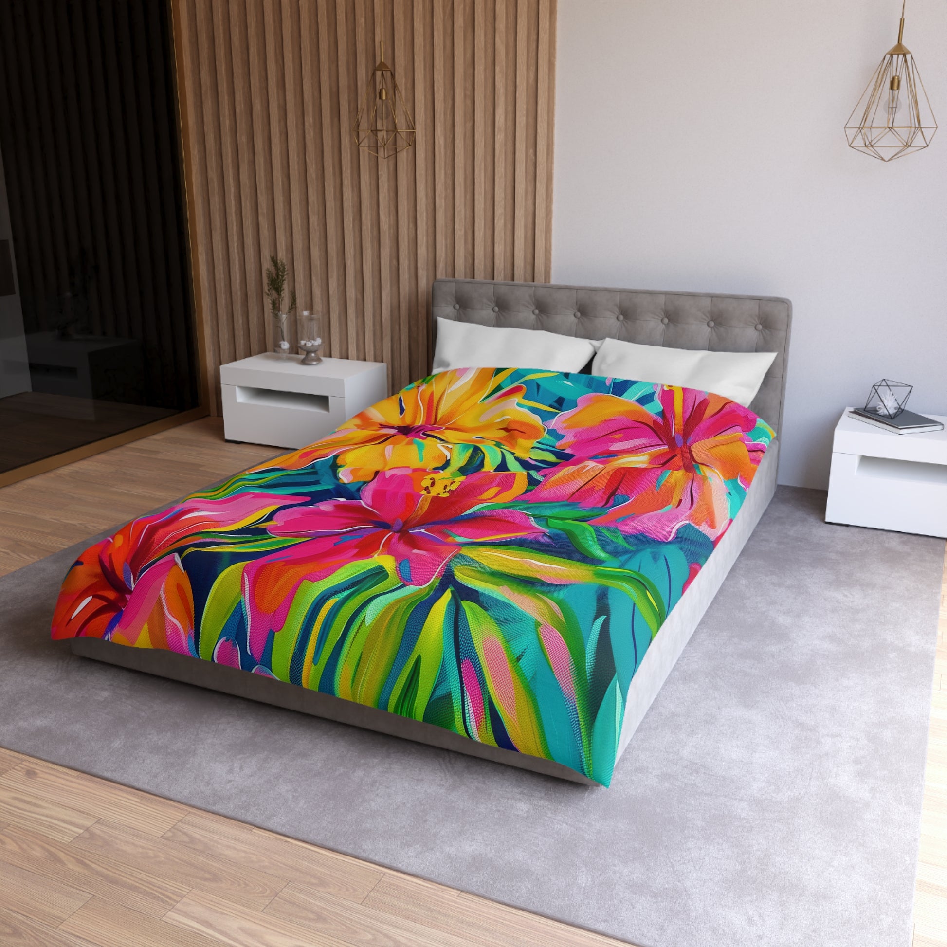 Tropical Floral Microfiber Duvet Cover - Vibrant Bedding, Boho Home Decor, Floral Print Cover, Summer Vibes, Gift for Her, Pink and Green - LOLA VEGAS ART