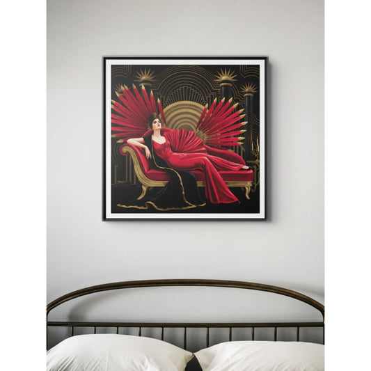 Art Deco Lady with Red Feathers Matte Canvas Framed Wall Art