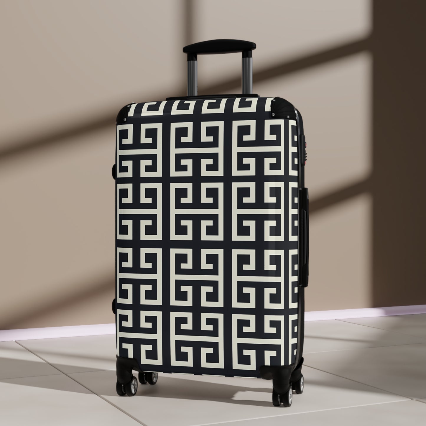 Greek Key Geometric Pattern Suitcase | Black White Travel Luggage