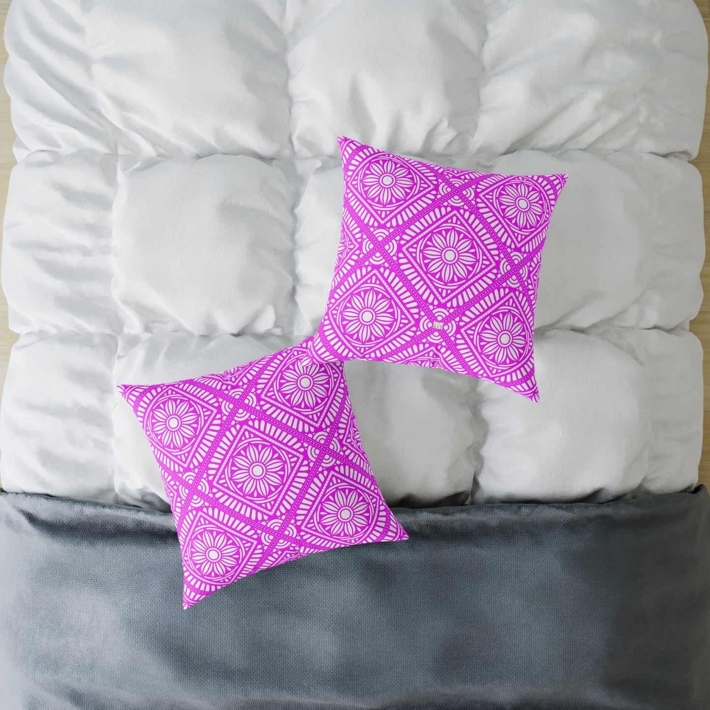 Pink and White Geometric Floral Tile Pillow | Square Poly Canvas Pillow