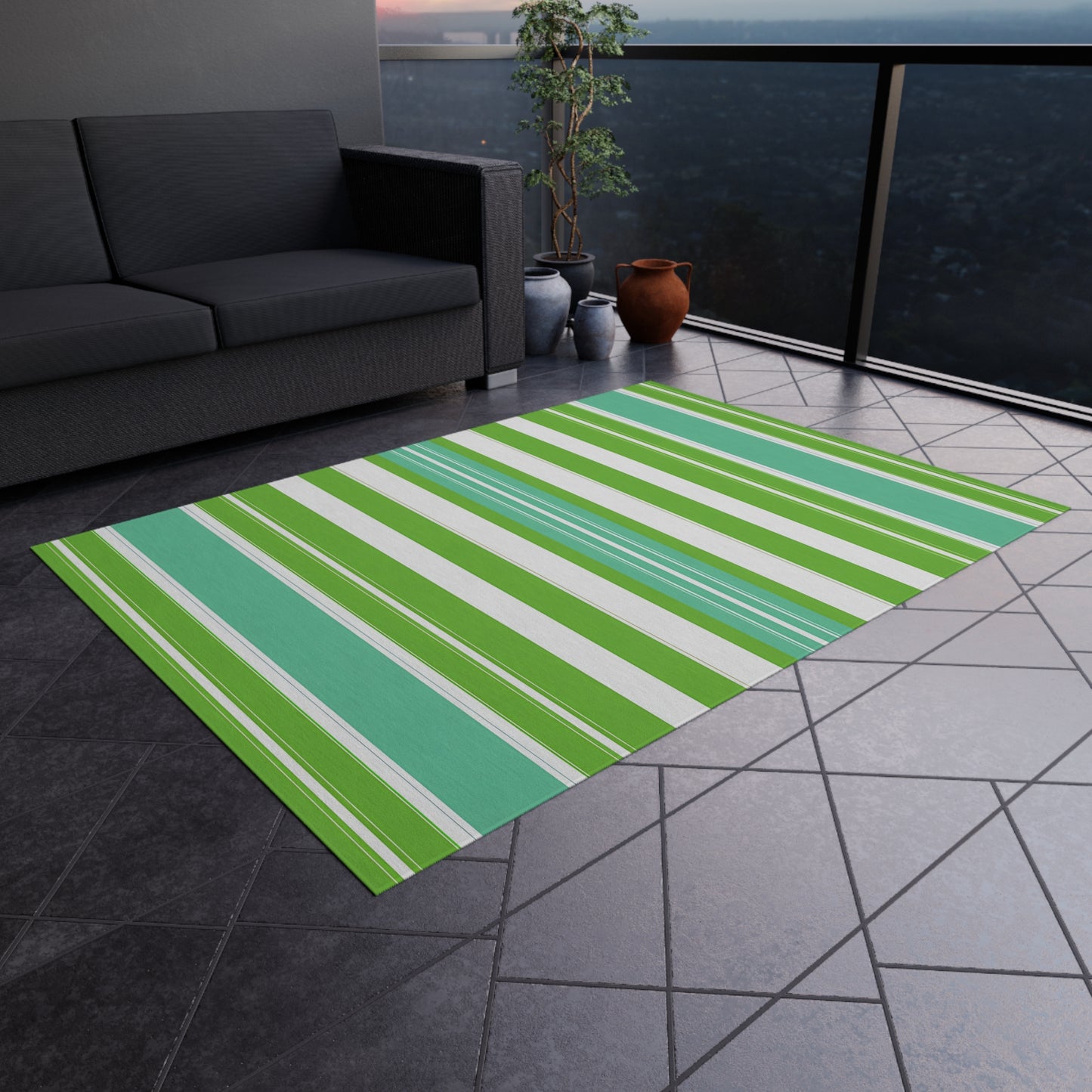 Green Blue White Stripe Outdoor/Indoor Rug | Patio Mat, Weatherproof Area Rug