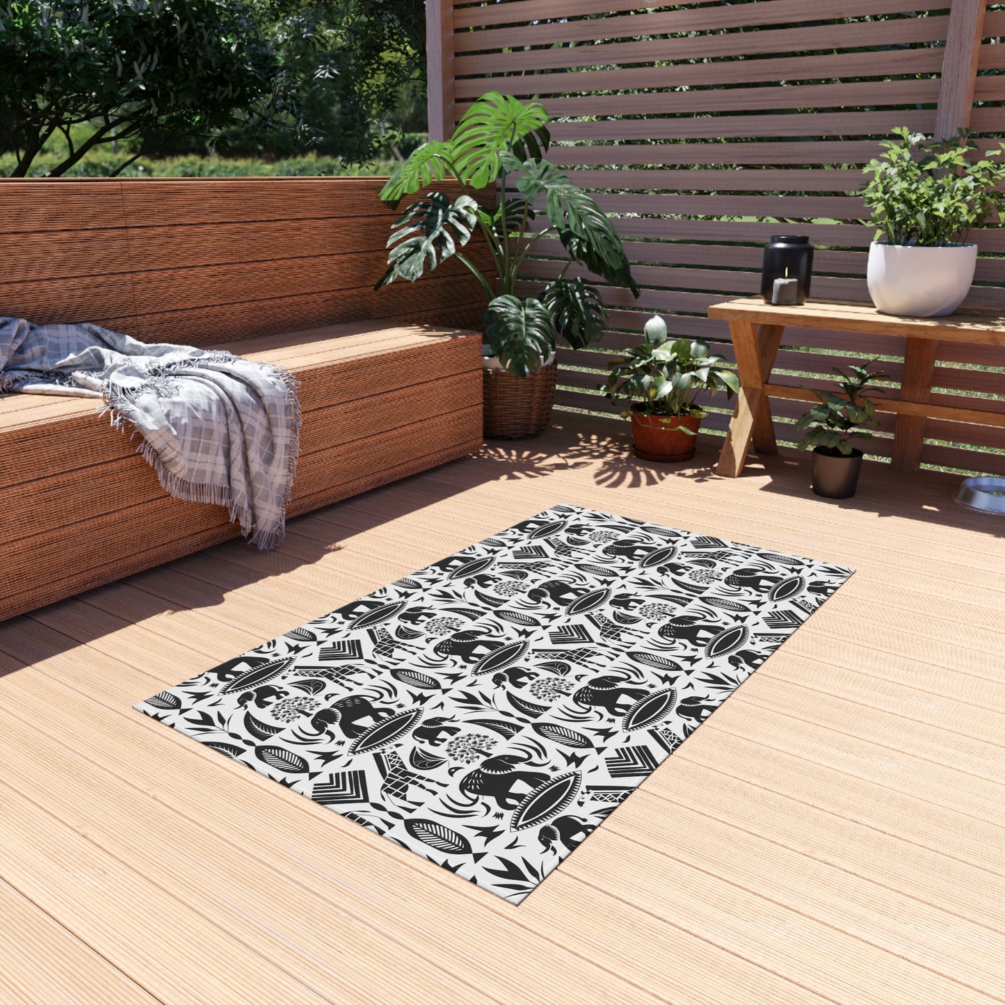 Black/White jungle Indoor/Outdoor Bohemian Rug, Stylish Patio Mat, Home Decor, Garden Area, Picnic Essentials, Unique Gift for Nature Lovers - LOLA VEGAS ART