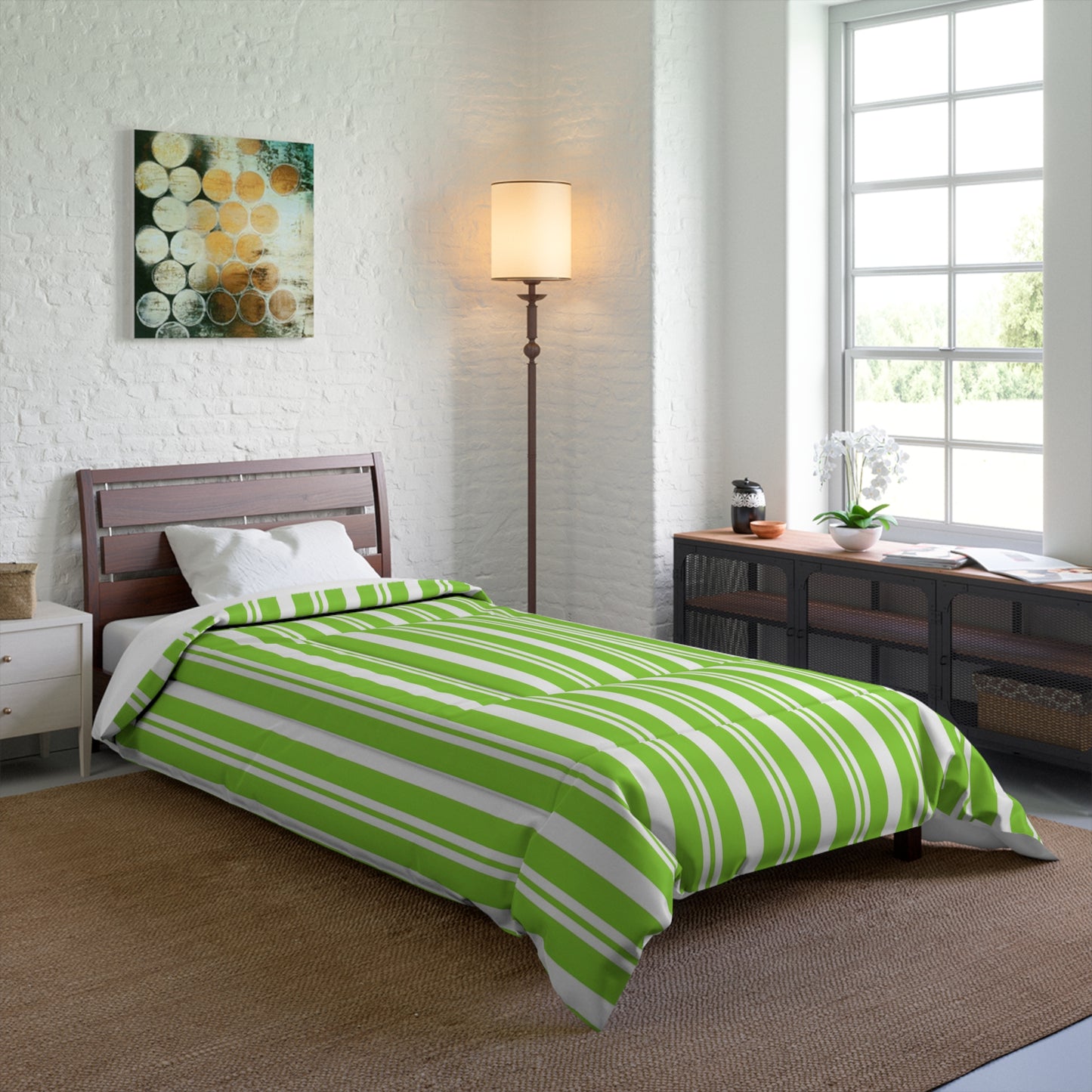 Fresh Green Striped Comforter, Cozy Bedroom Decor, Summer Bedding, Modern Quilt, Eco-Friendly Home Textile, Gift for Nature Lovers - LOLA VEGAS ART