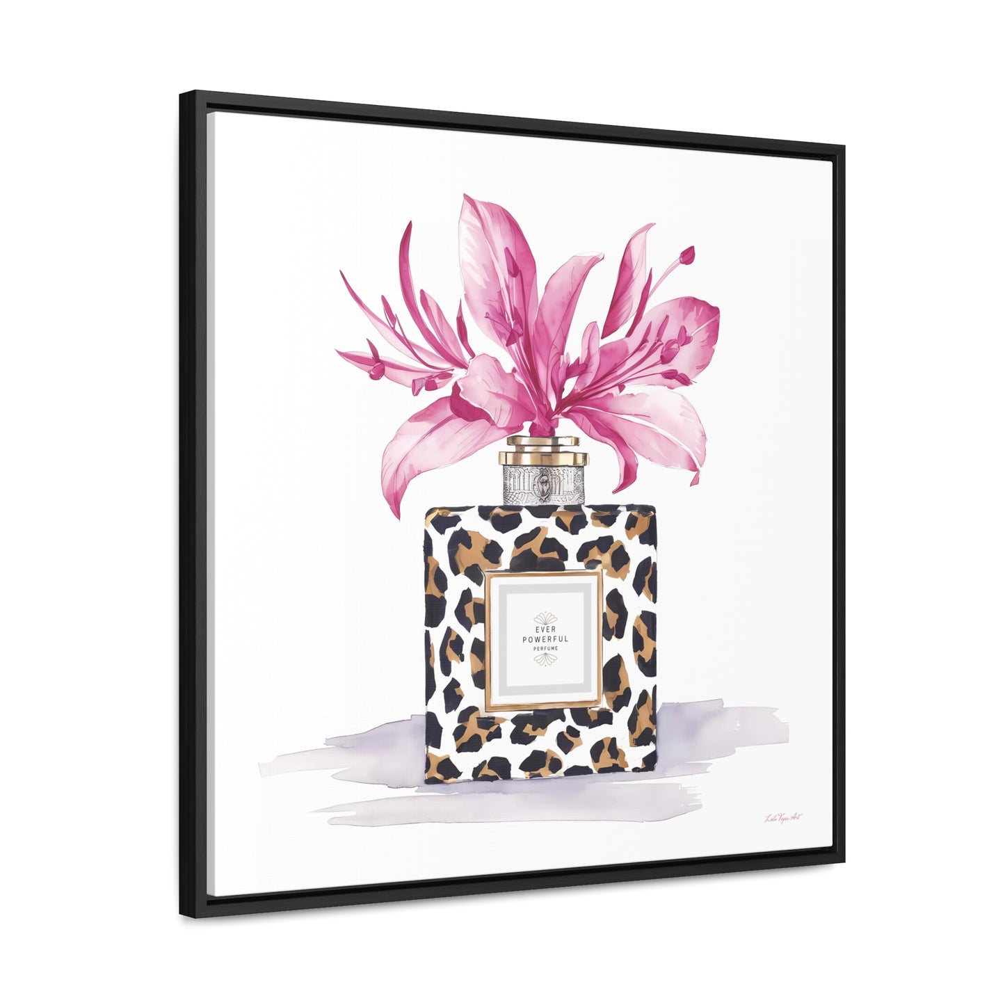 Square Frame Canvas Wall Art, Leopard Print Perfume Bottle with Pink Flowers, Feminine Fashion Decor - Gallery Canvas Wraps, Home Office - LOLA VEGAS ART