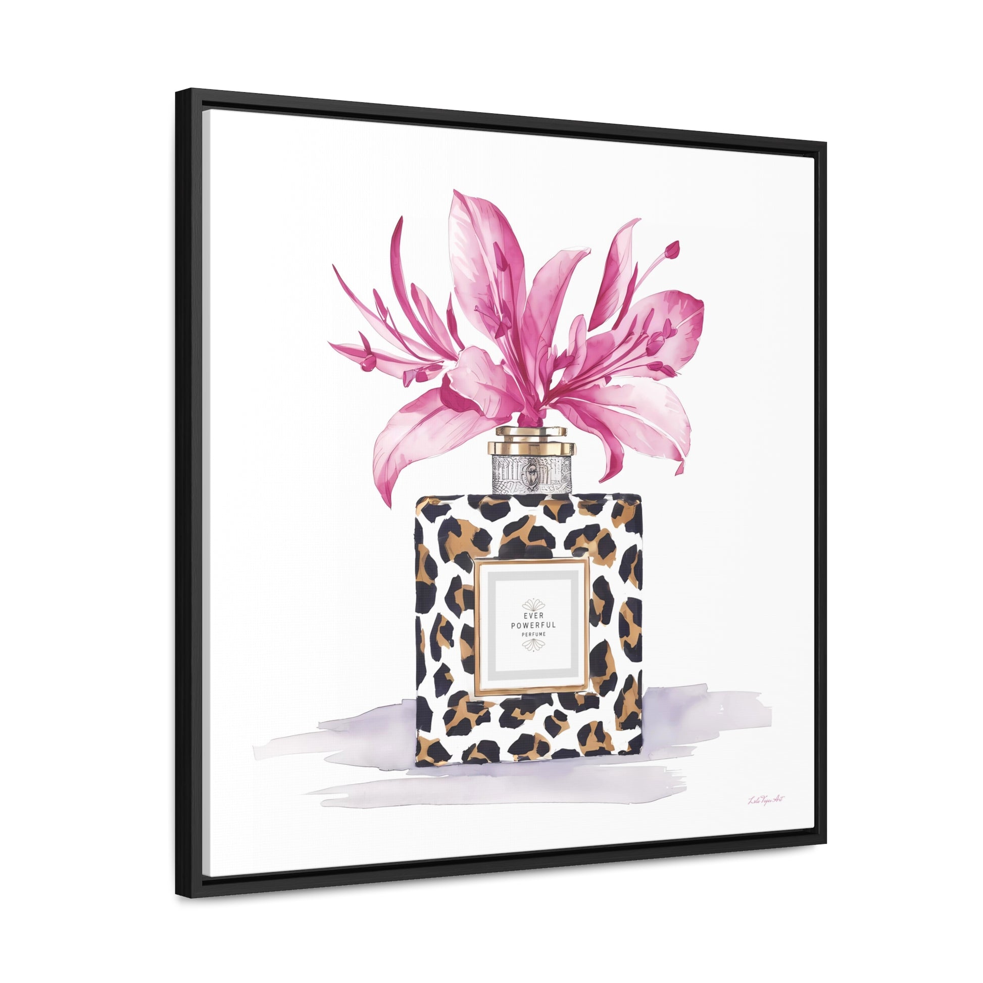 Square Frame Canvas Wall Art, Leopard Print Perfume Bottle with Pink Flowers, Feminine Fashion Decor - Gallery Canvas Wraps, Home Office - LOLA VEGAS ART