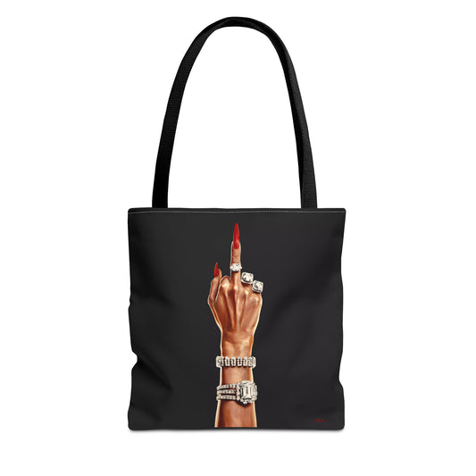 Fashionista Tote Bag - Wealthy Woman Giving the Finger - Bold and Audacious - Diamond Rings and Bracelets, Glam Girl Accessory, Black - LOLA VEGAS ART