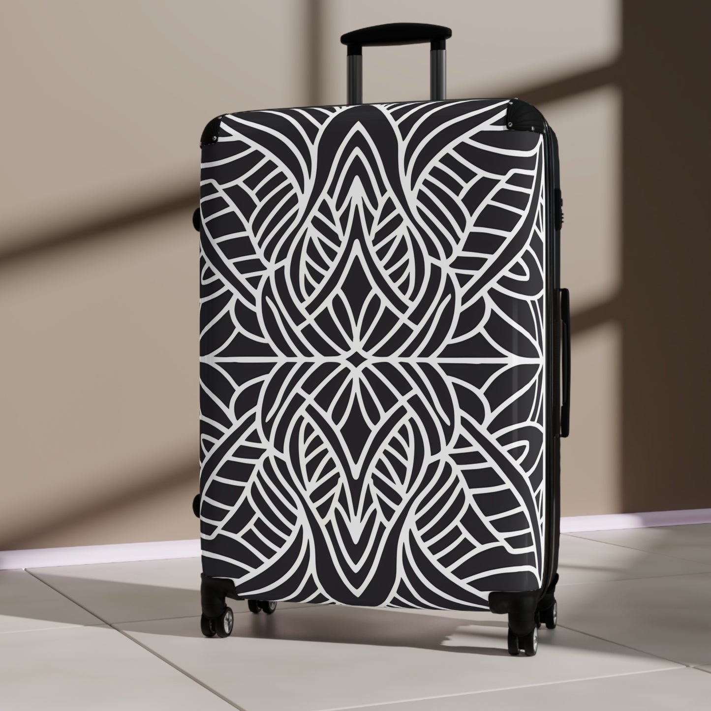 Suitcase, Abstract Symmetrical Design Luggage, Unique Travel Accessory, Black and White Suitcase, Travel Gift, Stylish Suitcase - LOLA VEGAS ART