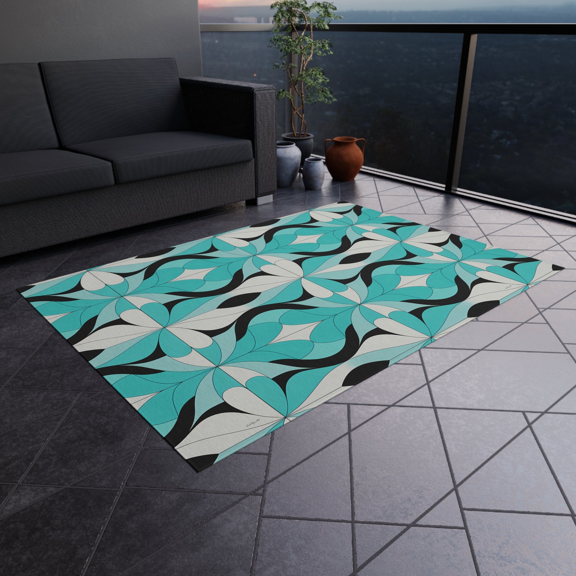 Blue/White/Black Outdoor Rug with Vibrant Geometric Design, Bohemian Patio Decor, Indoor-Outdoor Area Rug, Summer Accessory, Beach House - LOLA VEGAS ART