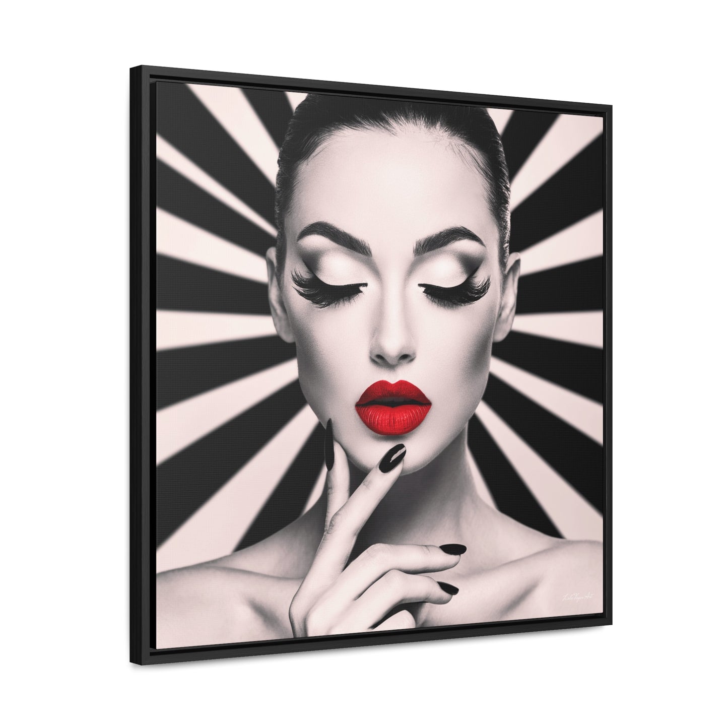 Fashionista Square Frame Canvas Wall Art, Hypnotic Woman Red Lipstick Fine Art Print, Dramatic Glam Decor, Gallery Canvas Wraps, Square - LOLA VEGAS ART