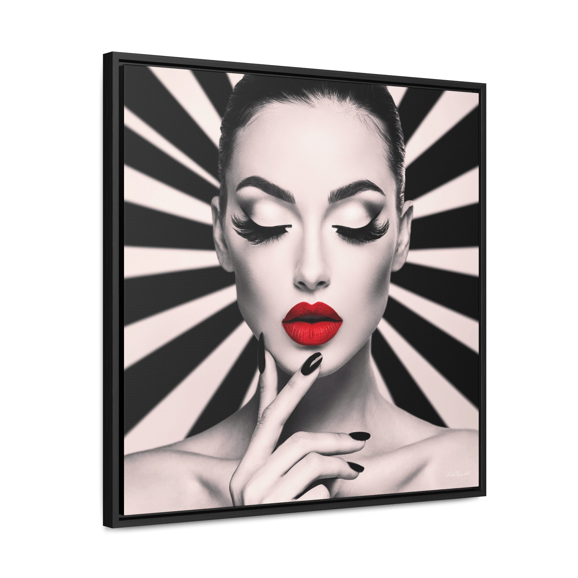 Fashionista Square Frame Canvas Wall Art, Hypnotic Woman Red Lipstick Fine Art Print, Dramatic Glam Decor, Gallery Canvas Wraps, Square - LOLA VEGAS ART