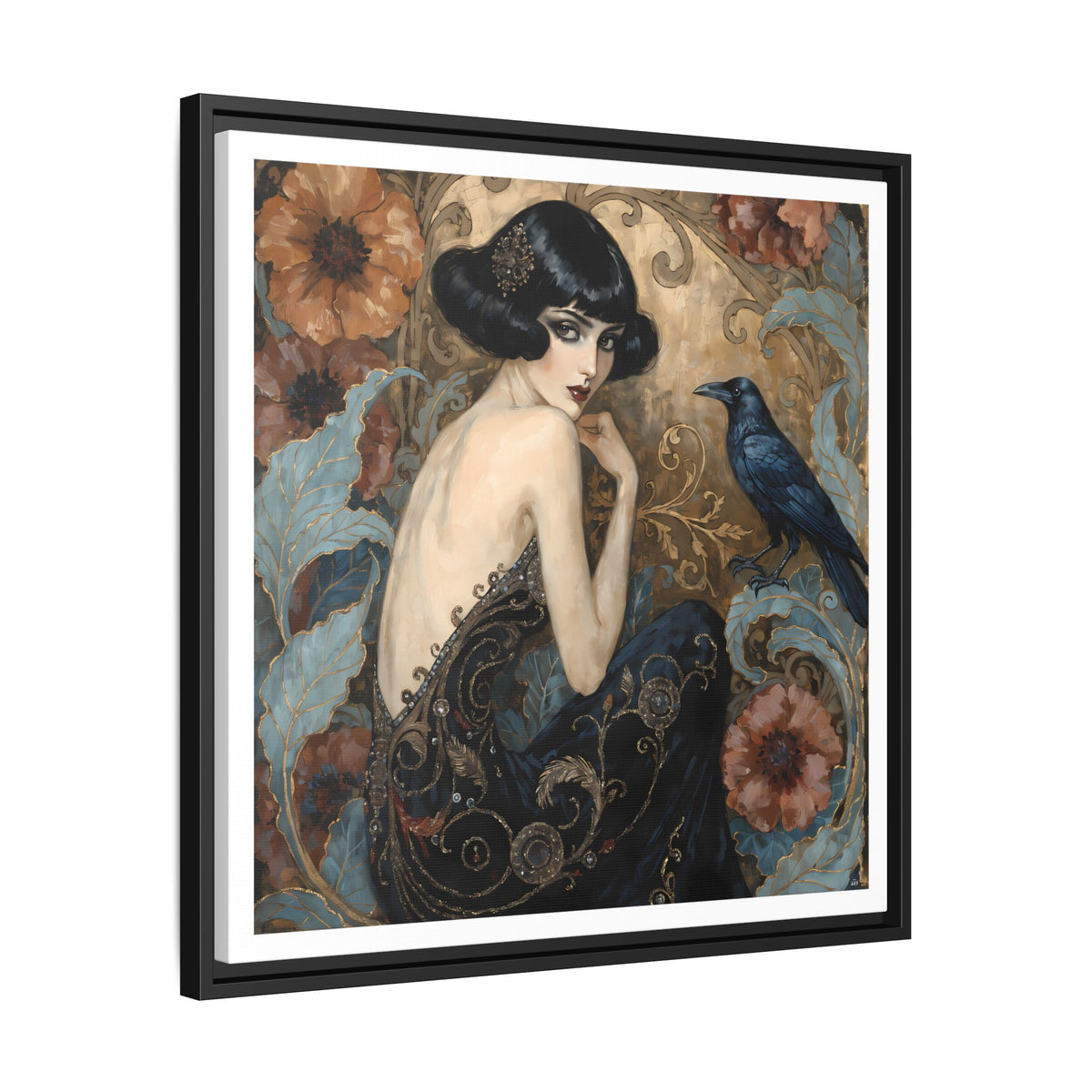 Art Deco Lady with Raven Matte Canvas Framed Wall Art | Vintage Floral Portrait
