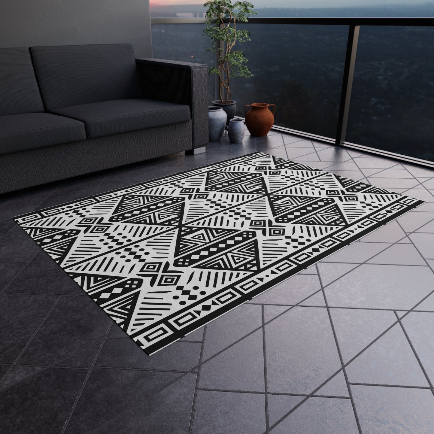 Black and White Tribal Stylish Outdoor Rug, Chic Patio Mat, Boho Floor Decor, Modern Entryway Carpet, Weather-Resistant Area Rug - LOLA VEGAS ART