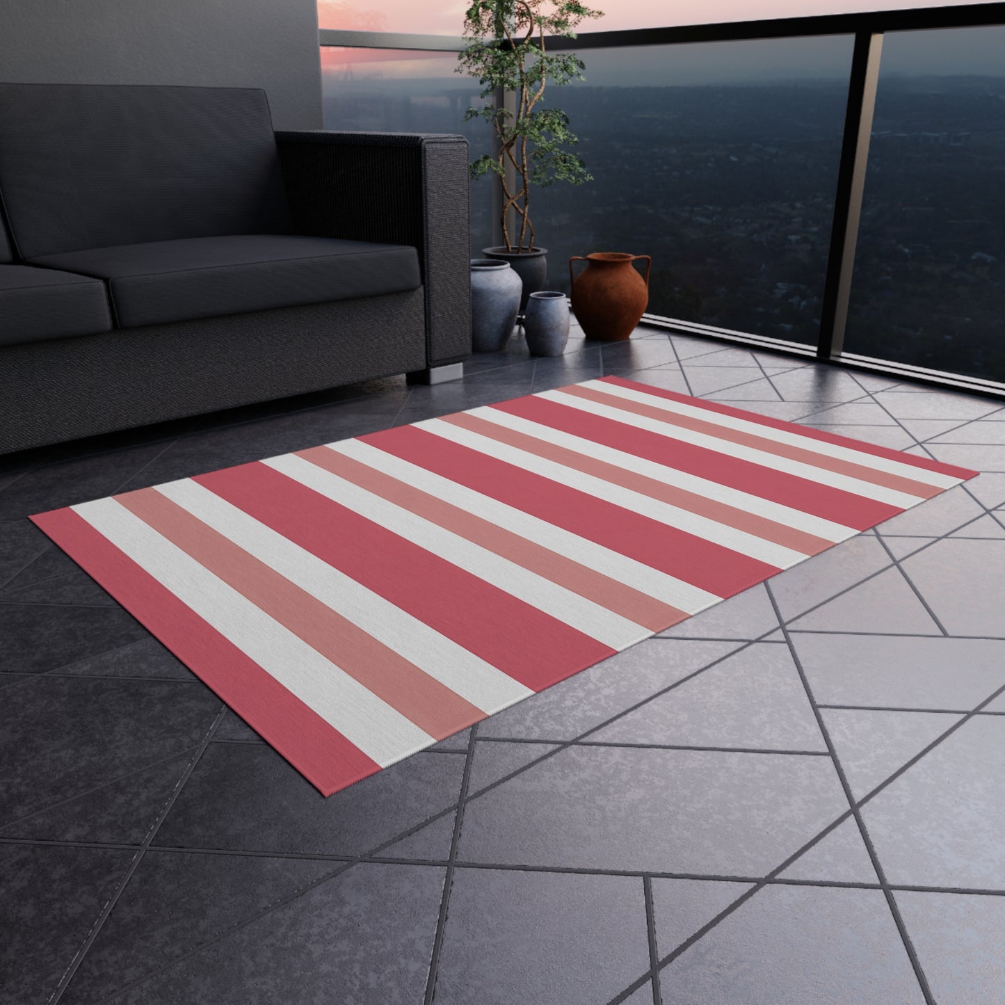 Light Pink Medium Pink White Striped Outdoor/Indoor Rug | Patio Mat