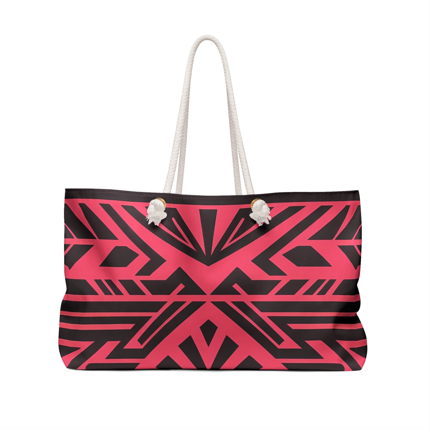 Boho Tribal Oversized Weekender Bag - Black Southwest Design on Pink-Red Background, Travel Accessory - LOLA VEGAS ART