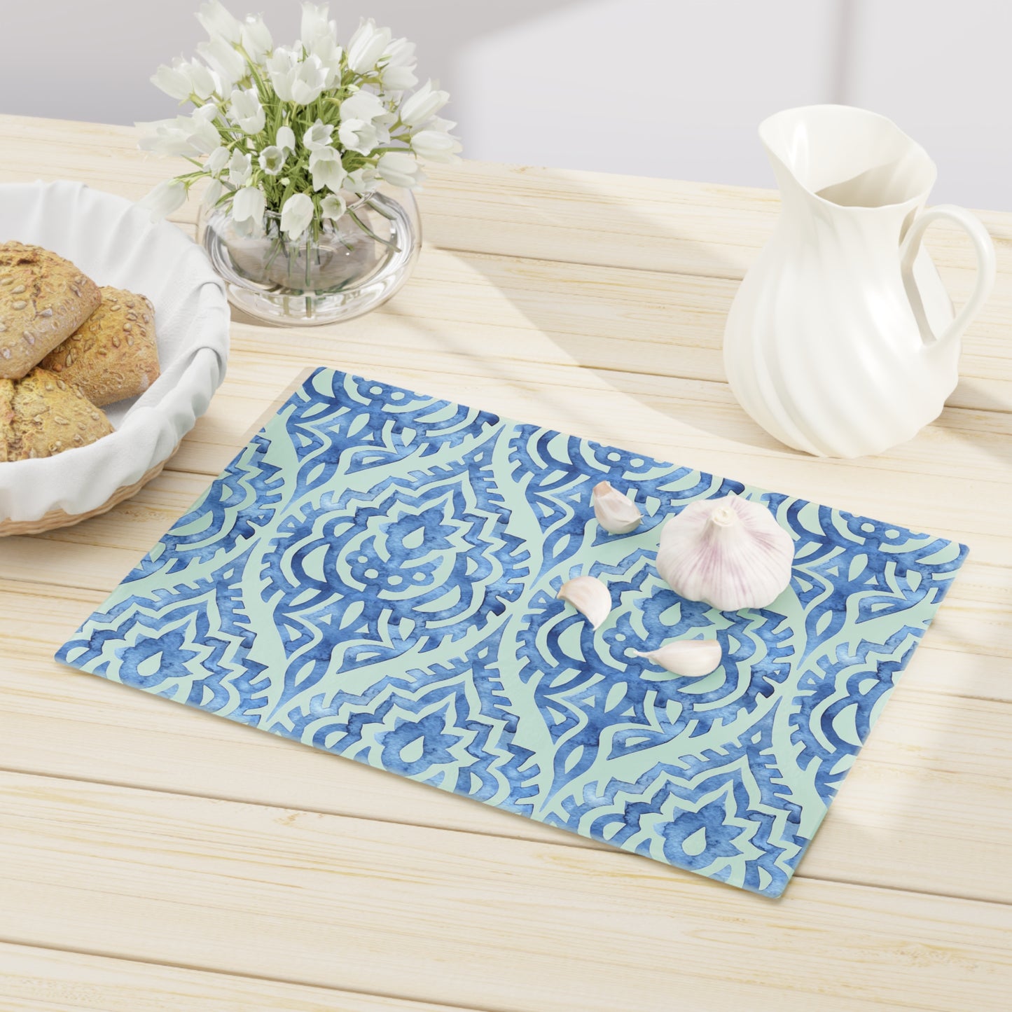 Elegant Blue Patterned Cutting Board, Unique Kitchen Decor, Housewarming Gift, Artisan Serving Board, Wedding Gift, Functional Art - LOLA VEGAS ART