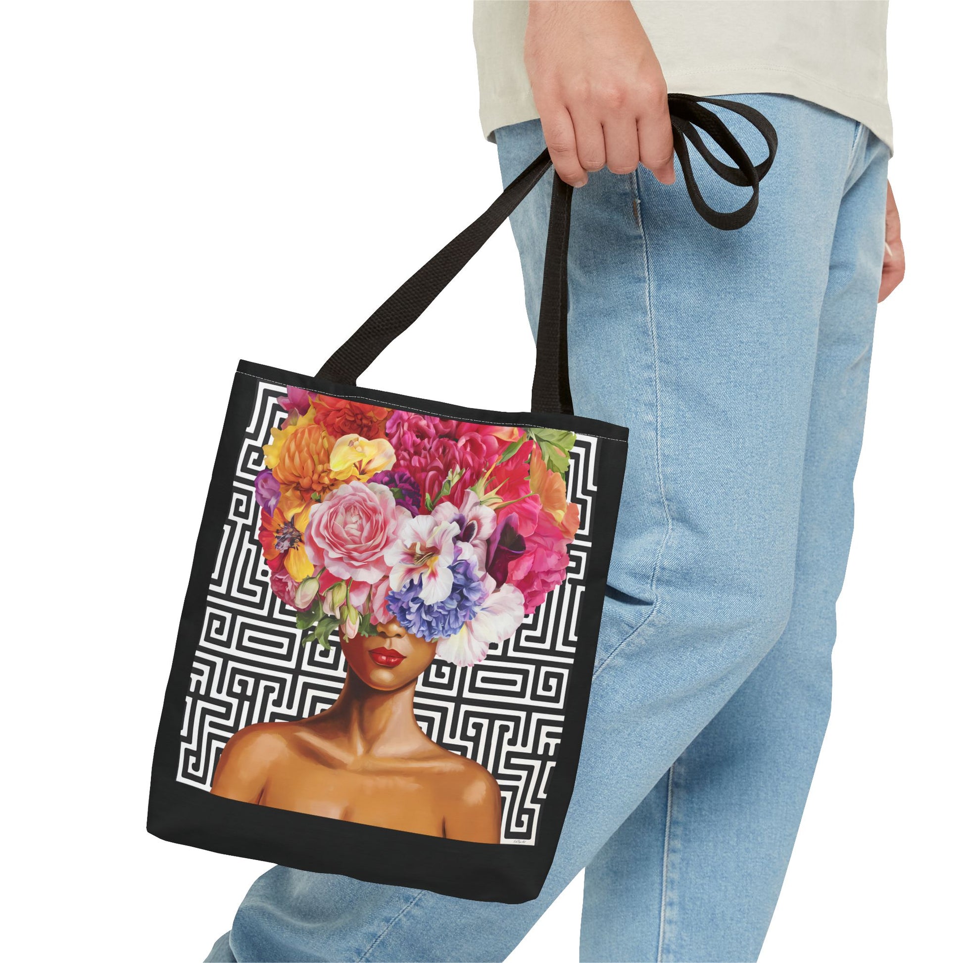 Bohemian Floral Tote Bag, Eco-Friendly Bag, Shopping Tote, Beach Bag, Gift for Her, Summer Vibes, Woman With Flowers On Her Head - LOLA VEGAS ART