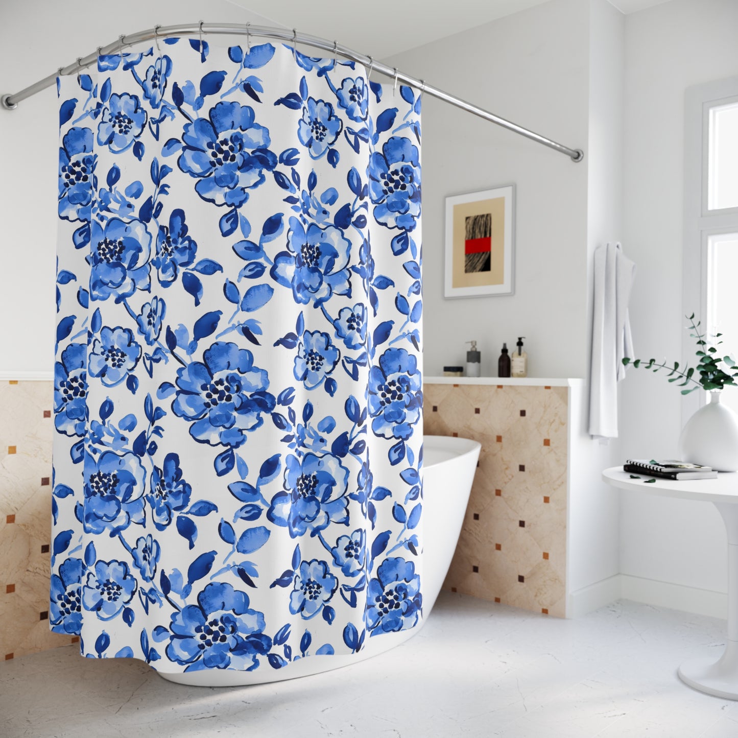 Elegant Floral Shower Curtain, Blue Flower Bath Decor, Bathroom Accessories, Spring Home Decor, Gift for Homeowner, Floral Design