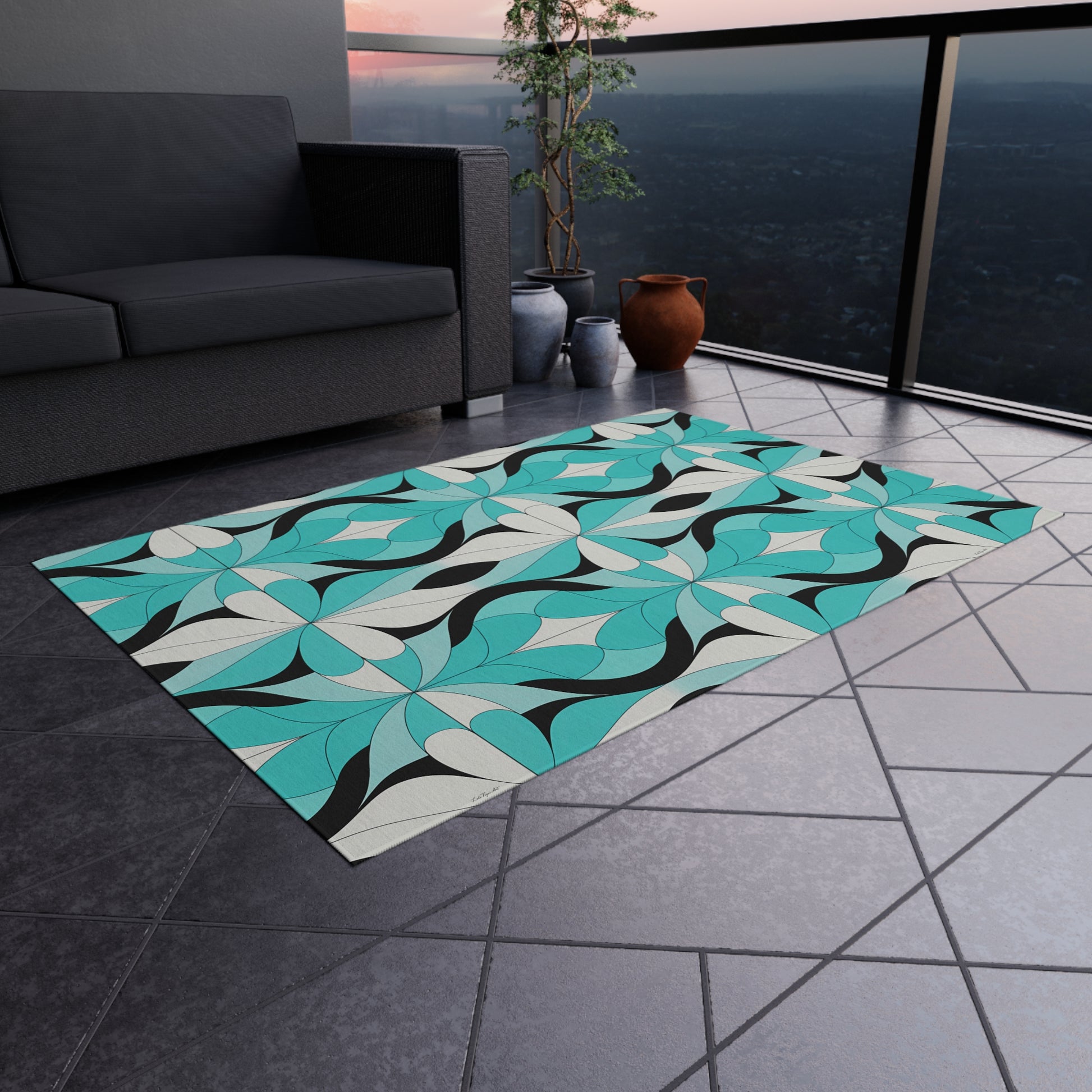 Blue/White/Black Outdoor Rug with Vibrant Geometric Design, Bohemian Patio Decor, Indoor-Outdoor Area Rug, Summer Accessory, Beach House - LOLA VEGAS ART