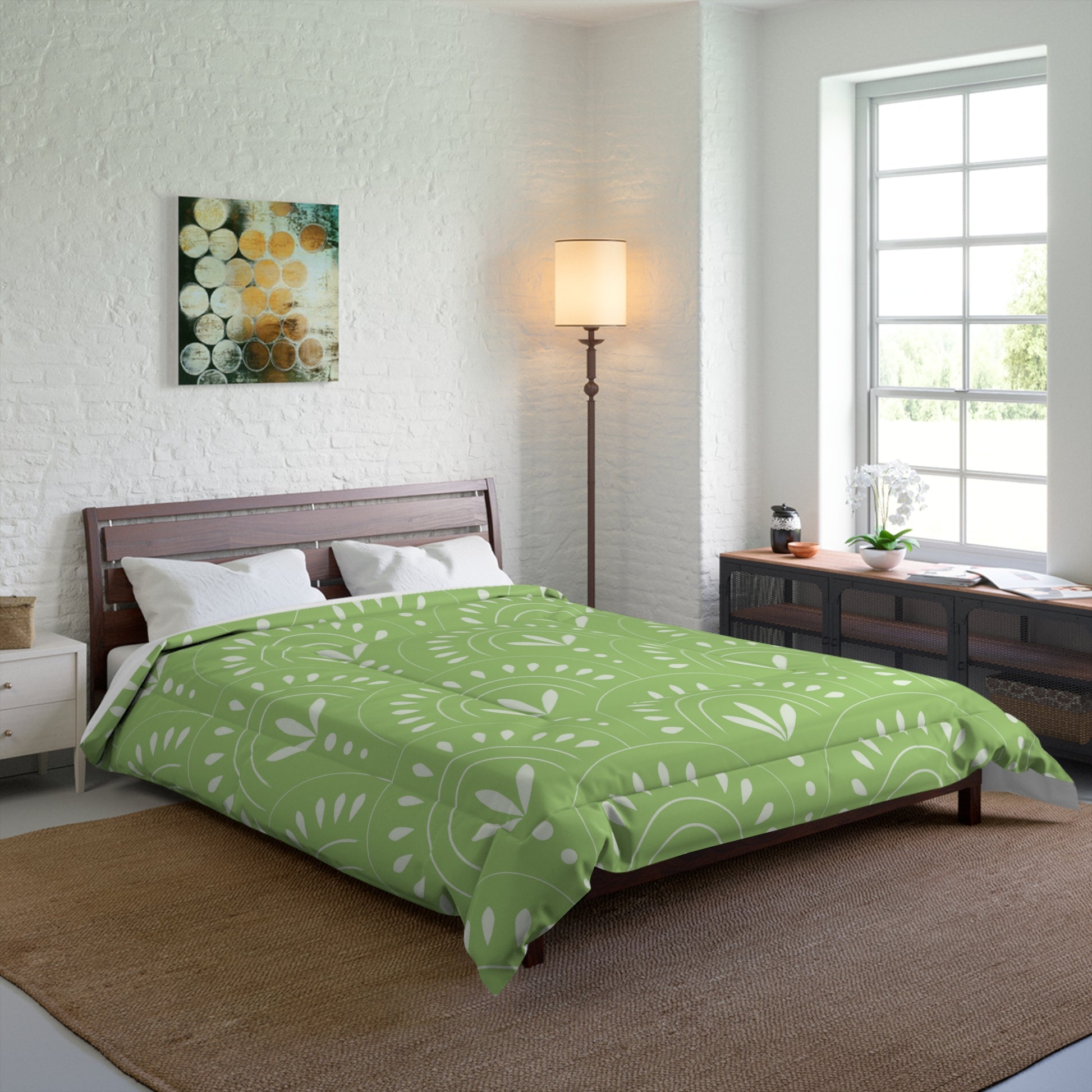 Boho Chic Comforter | Cozy Green Floral Duvet, Modern Bedroom Decor, Home Bedding, Eco-Friendly Textile - LOLA VEGAS ART