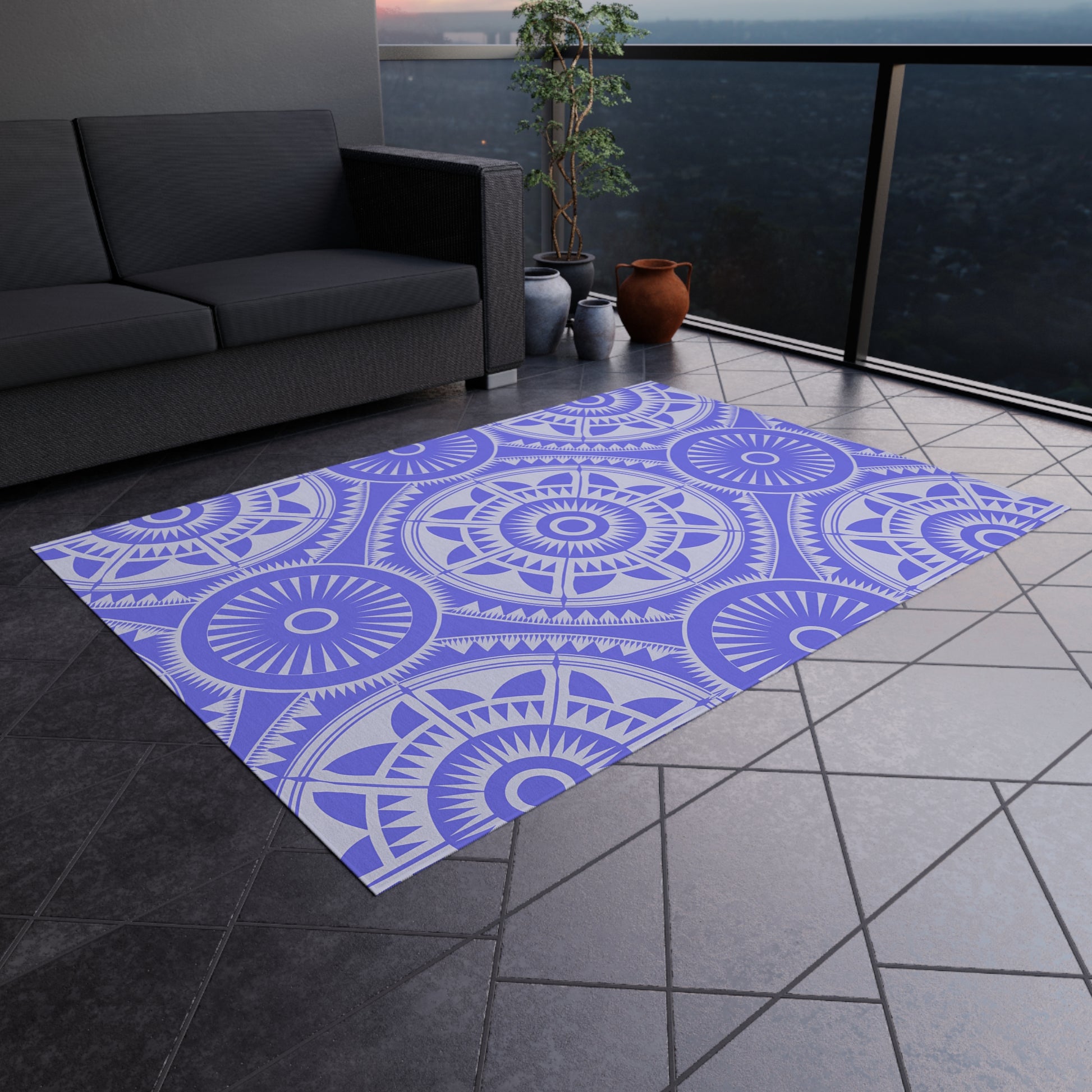 Purple and White Mandala Boho Outdoor Rug - Perfect for Patios, Picnics, Beach Fronts, Home Decor, Easy to Clean, Versatile Area Mat - LOLA VEGAS ART