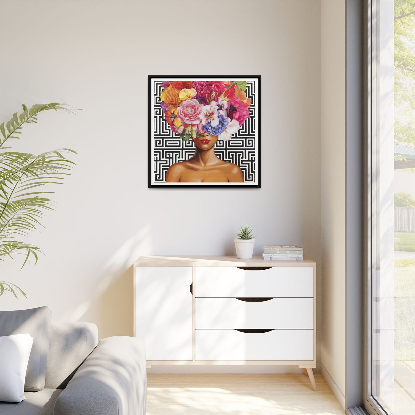 Framed Art Canvas: Vibrant Floral Portrait Decor, Boho Wall Art, Home Gallery, Gift for Her, Inspirational Art, Woman With Flower Head - LOLA VEGAS ART