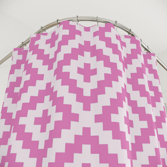 Pink Geometric Diamond Pattern Shower Curtain | Pixel Aztec Bath, Boho Bathroom Accessory