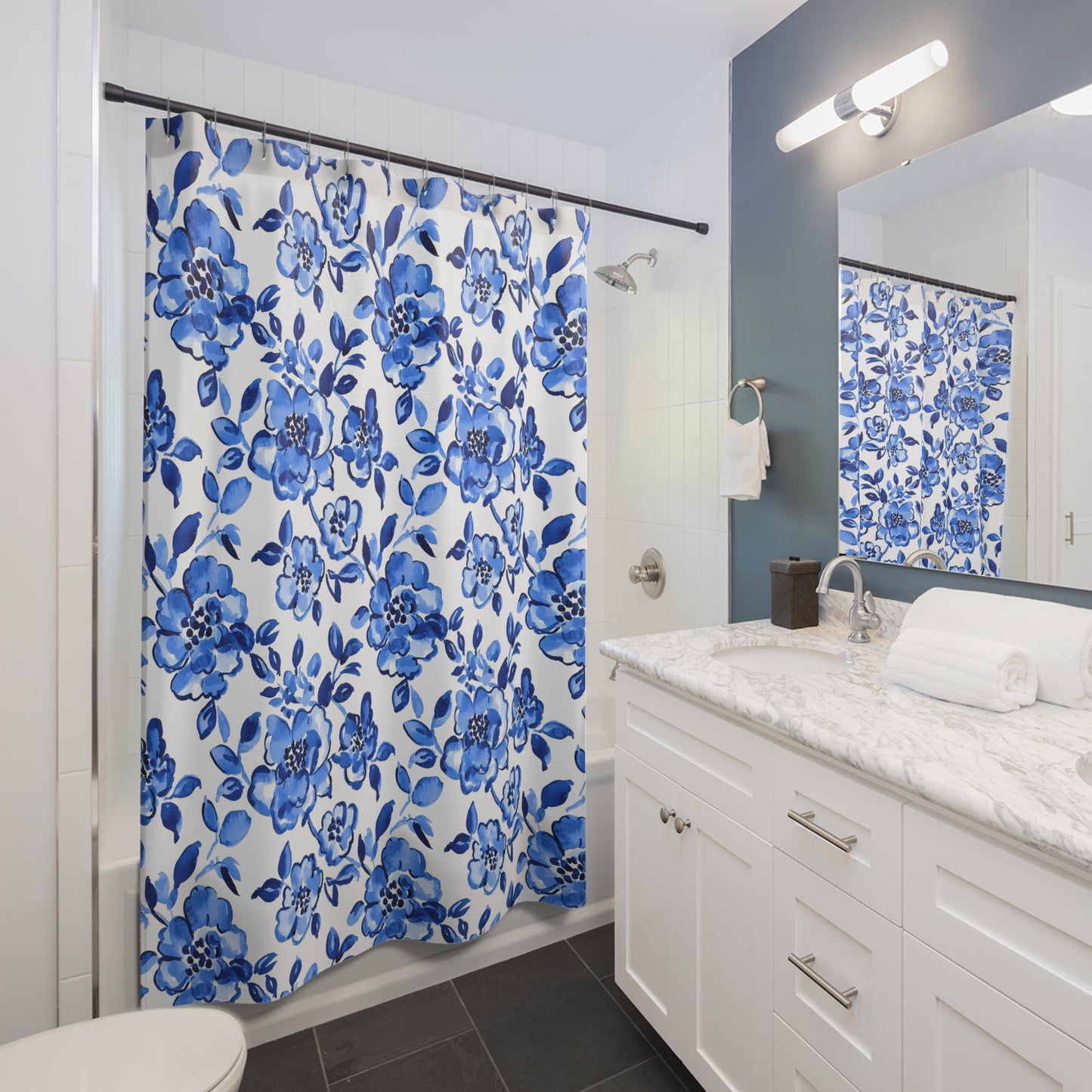 Elegant Floral Shower Curtain, Blue Flower Bath Decor, Bathroom Accessories, Spring Home Decor, Gift for Homeowner, Floral Design