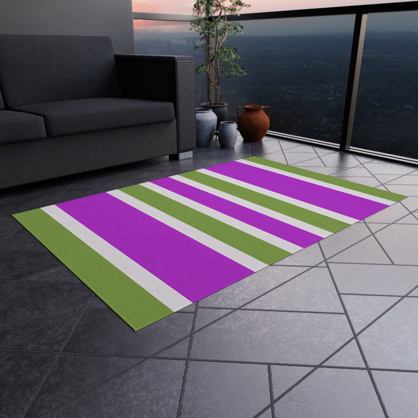 Magenta and Green Striped Outdoor Rug | Patio Mat, Weatherproof Stripe Design