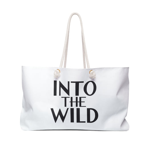 INTO THE WILD Weekender Bag, Oversized White Travel Accessory, Adventure Tote, Wanderlust Duffel, Nature Lover Gift, Outdoor Exploration Bag - LOLA VEGAS ART
