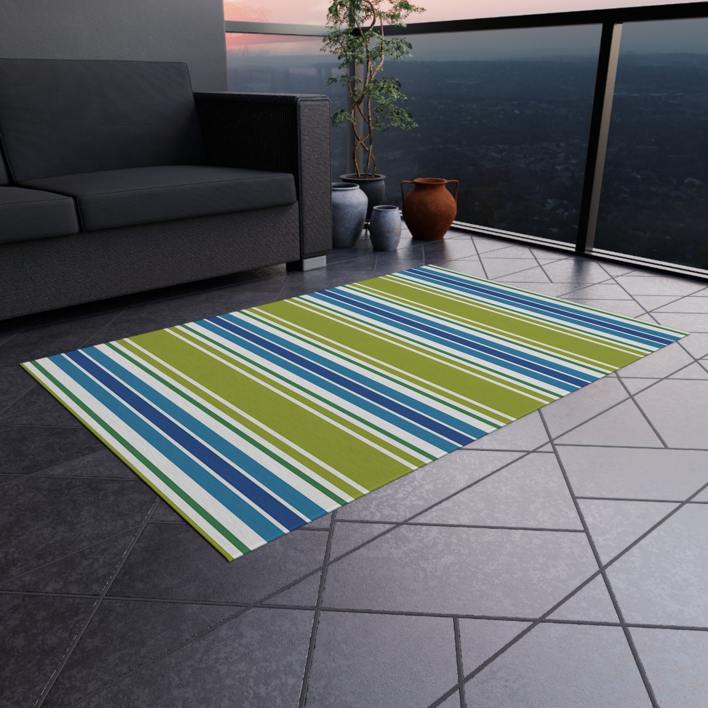 Blue Green White Striped Outdoor Rug | Outdoor Rug