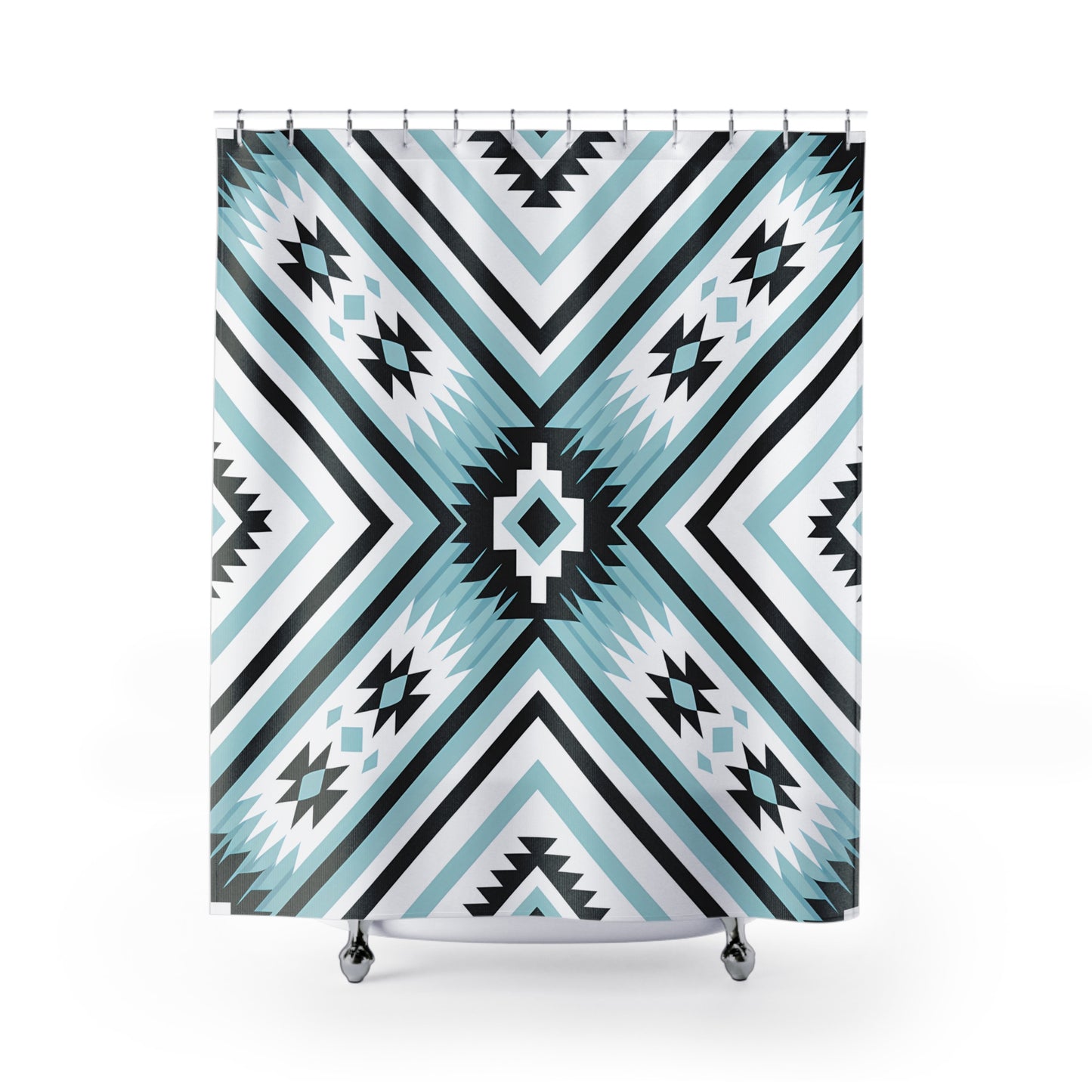 Modern Geometric Shower Curtain, Boho Bathroom Decor, Tribal Print, Aqua Blue, Chic Home Accessories, Stylish Bath - LOLA VEGAS ART
