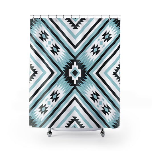 Modern Geometric Shower Curtain, Boho Bathroom Decor, Tribal Print, Aqua Blue, Chic Home Accessories, Stylish Bath - LOLA VEGAS ART