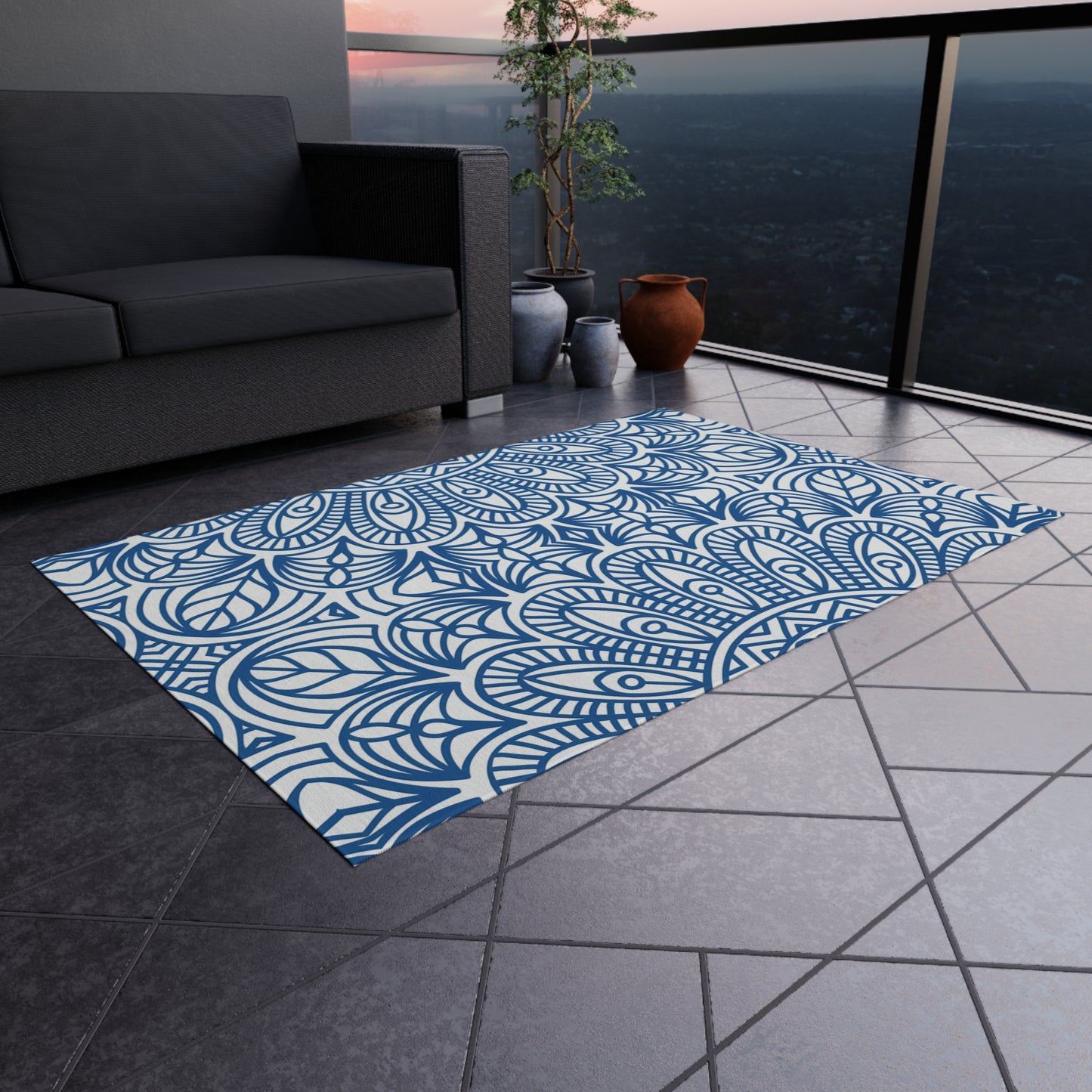 Blue Mandala Pattern Outdoor/Indoor Rug | Waterproof Patio Mat