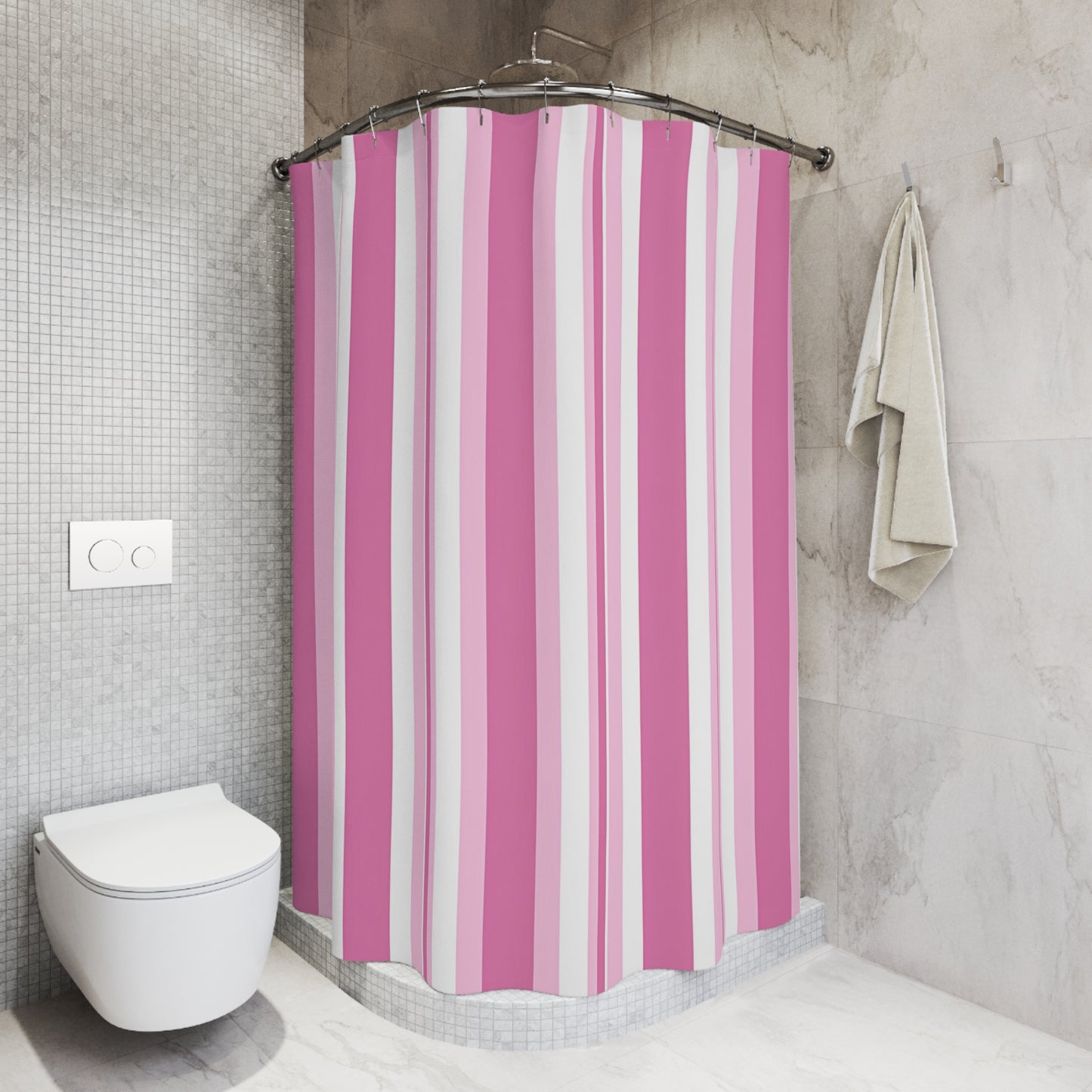 Pink Vertical Stripe Shower Curtain | Pink White Striped Bathroom Curtain