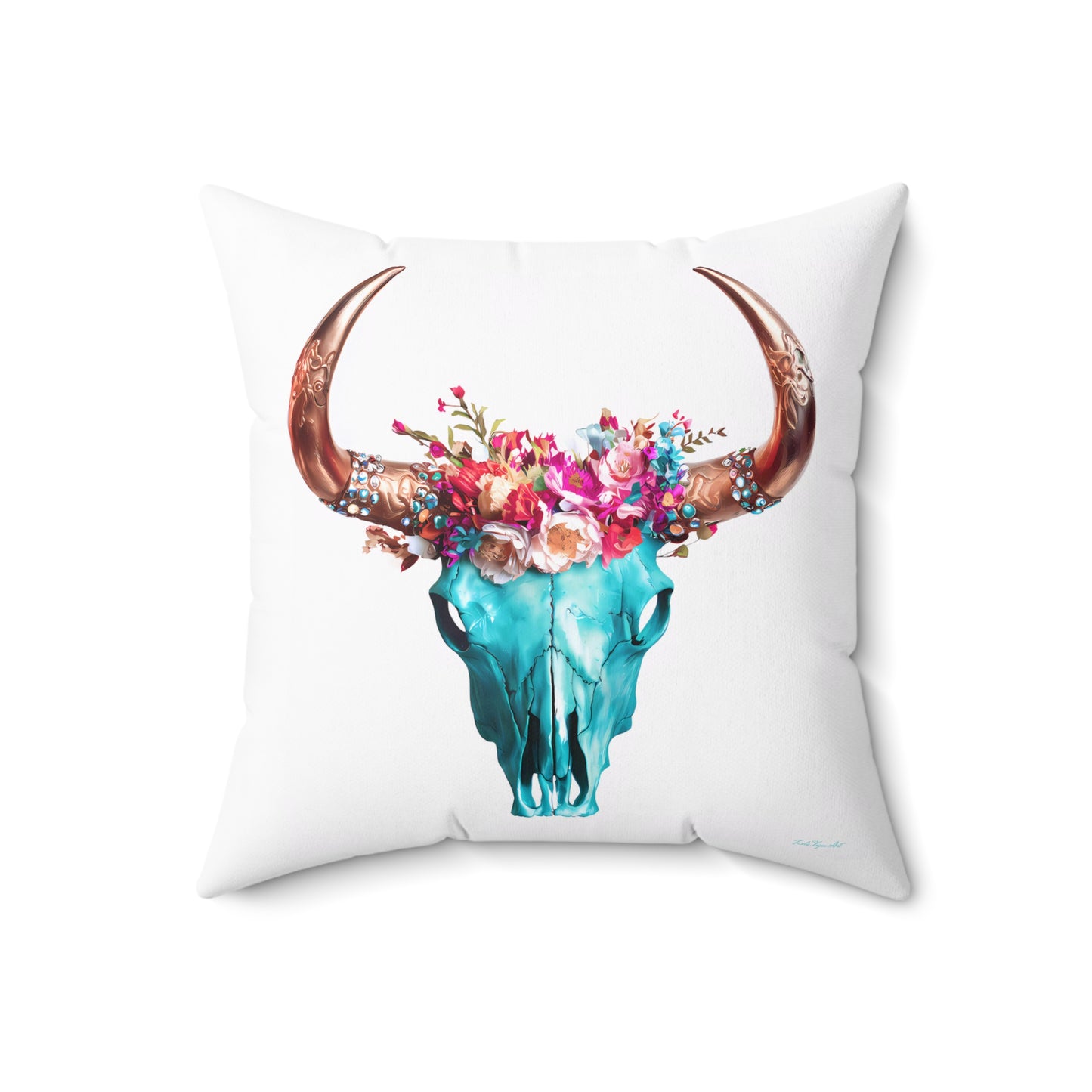 Boho Turquoise Skull Head Spun Polyester Pillow - Southwestern Hippie Home Decor,  Square Cushion Cover, Bohemian Throw - LOLA VEGAS ART