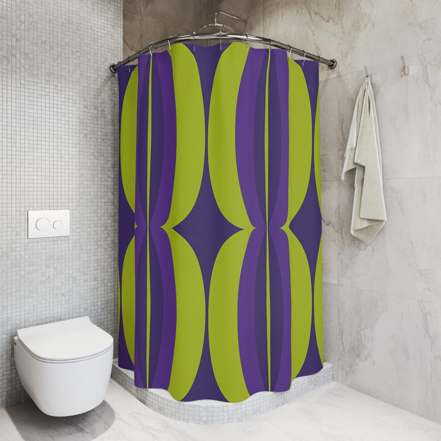 Retro Geometric Oval Pattern Shower Curtain | Purple Lime Mid Century Modern