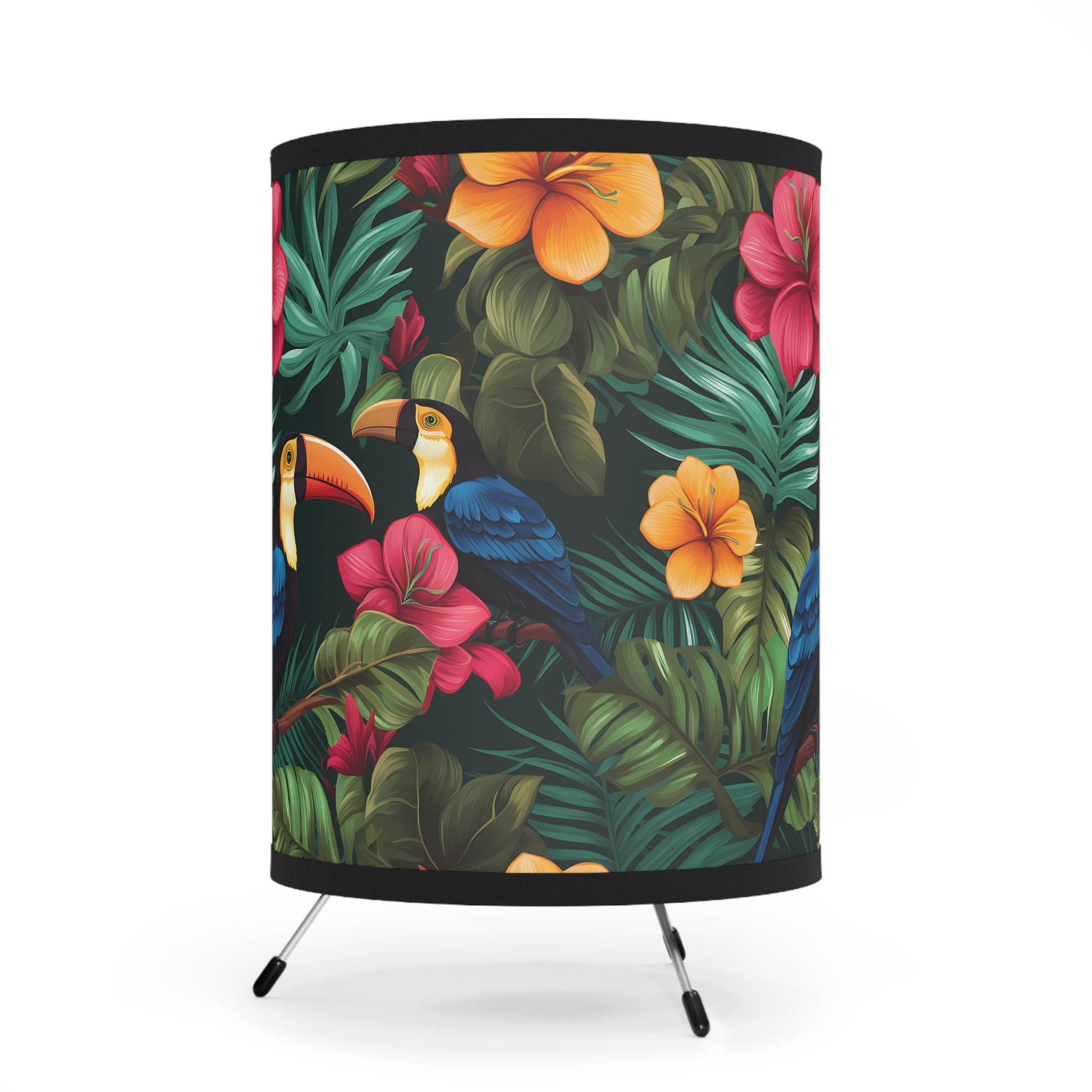 Tropical Tripod Lamp - Vibrant Floral Decor, Home Lighting, Boho-Chic Accent, Gift for Nature Lovers, Tropical Decor, Toucan Bird - LOLA VEGAS ART