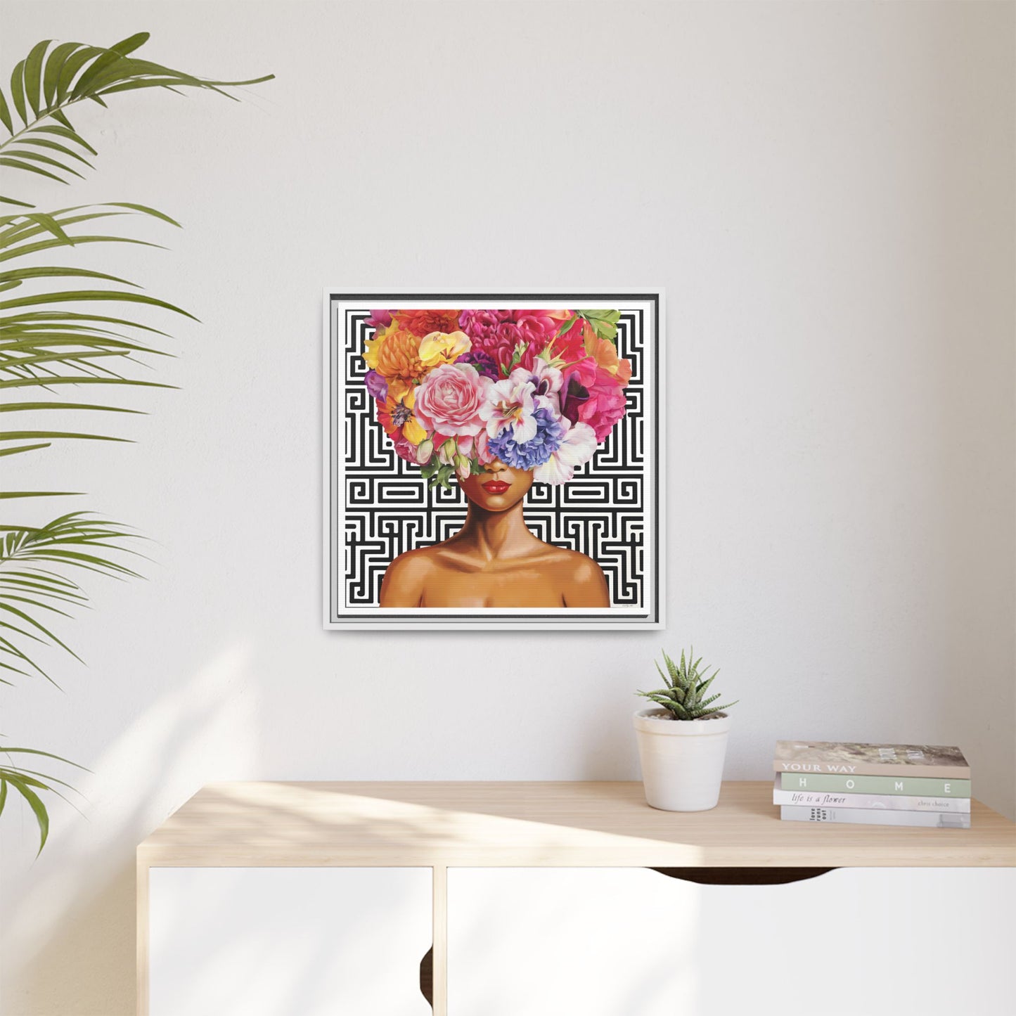 Framed Art Canvas: Vibrant Floral Portrait Decor, Boho Wall Art, Home Gallery, Gift for Her, Inspirational Art, Woman With Flower Head - LOLA VEGAS ART