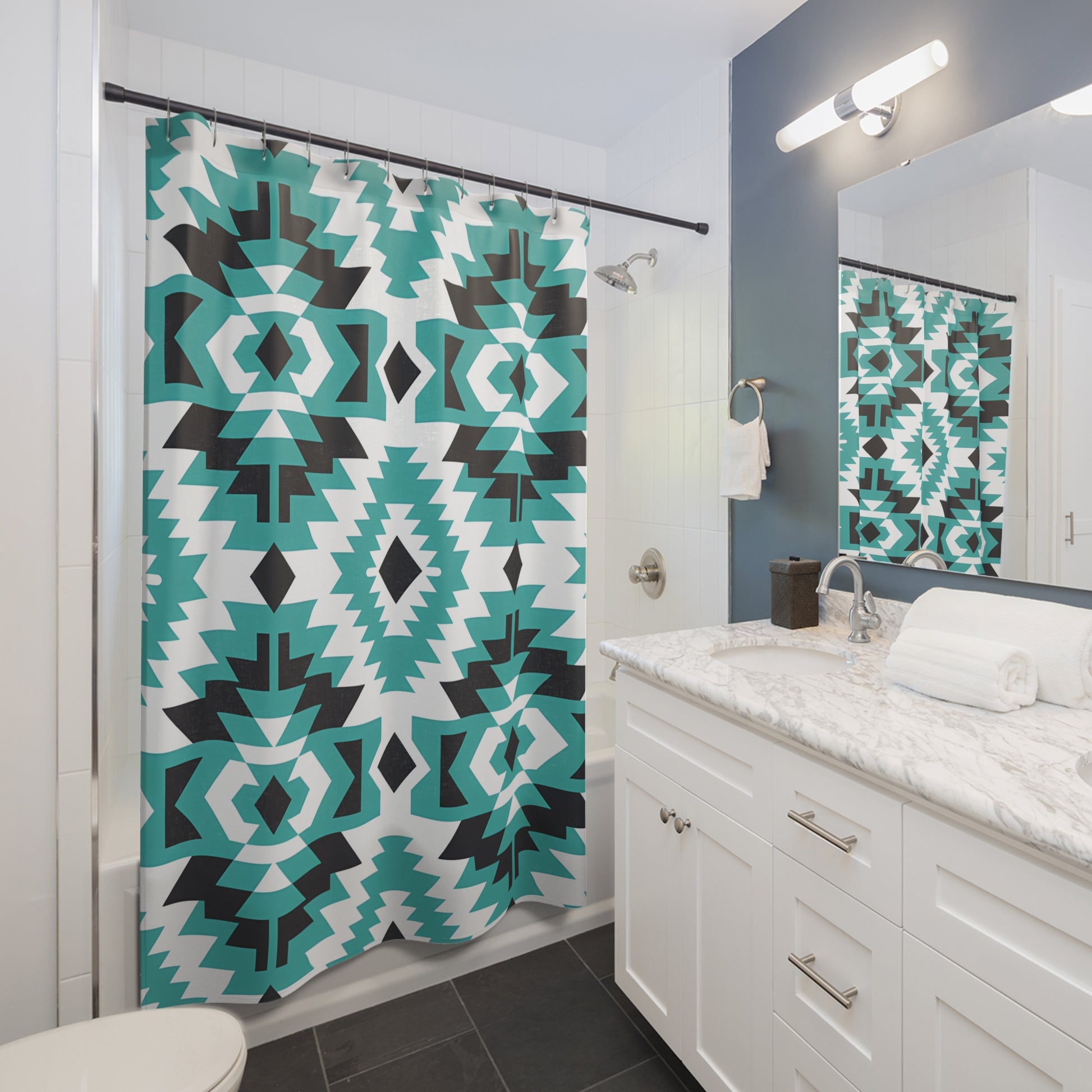 Aztec-Inspired Shower Curtain: Modern Bathroom Decor, Bohemian Home Accessory, Gift for Housewarming, Unique Bathroom Design, Vibrant Tribal - LOLA VEGAS ART