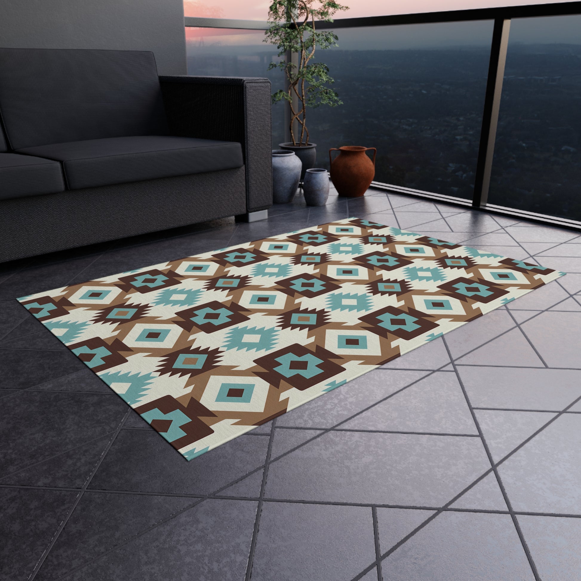 Turquoise, brown, white Stylish Outdoor/Indoor Rug for Patios, Bohemian Decor, Modern Outdoor Living, Picnic Essentials, Garden Party Decor - LOLA VEGAS ART