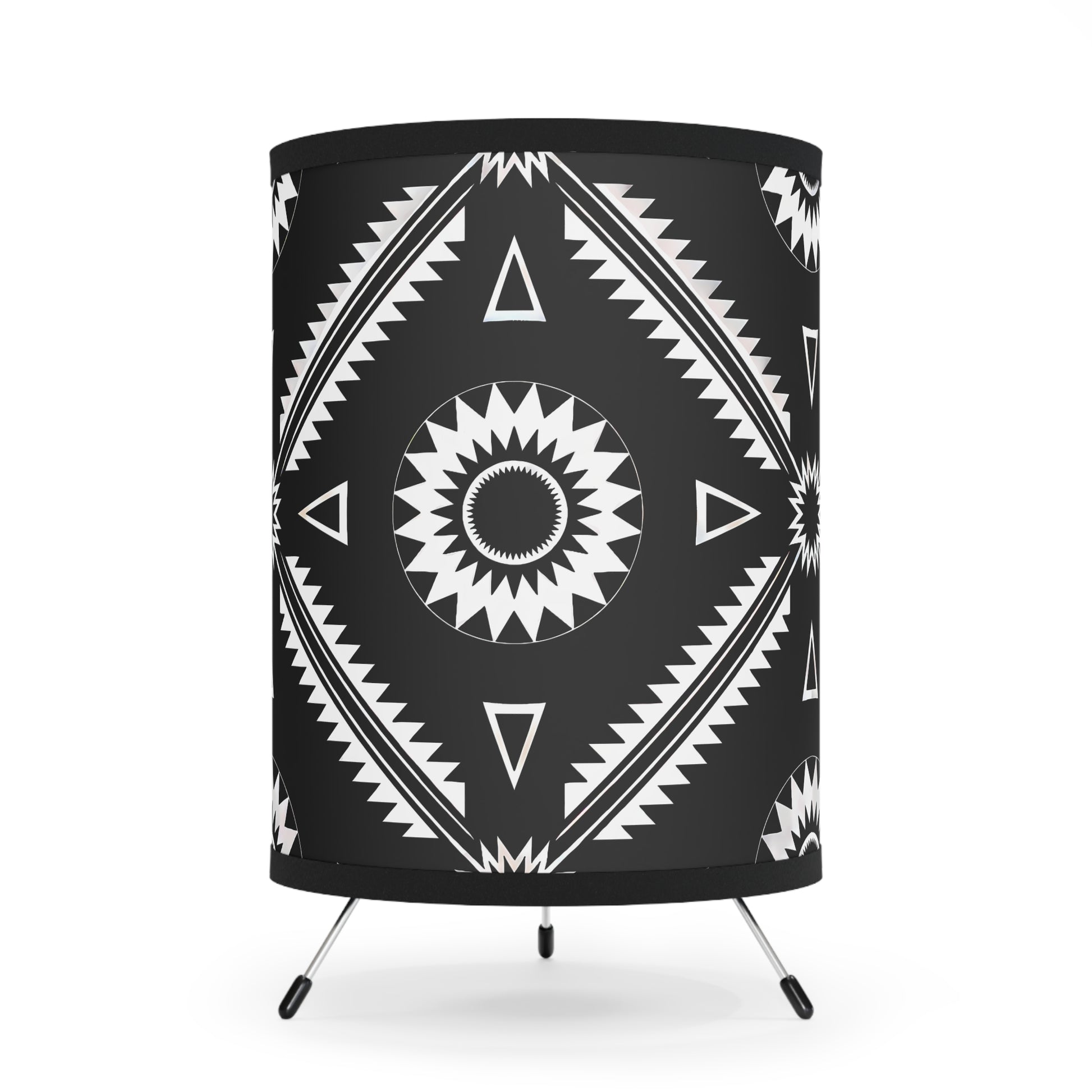 Modern Tribal Tripod Lamp, Boho Home Decor, Unique Lighting, Stylish Floor Lamp, Gift for Her, Cozy Room Accent, Black and White Design - LOLA VEGAS ART