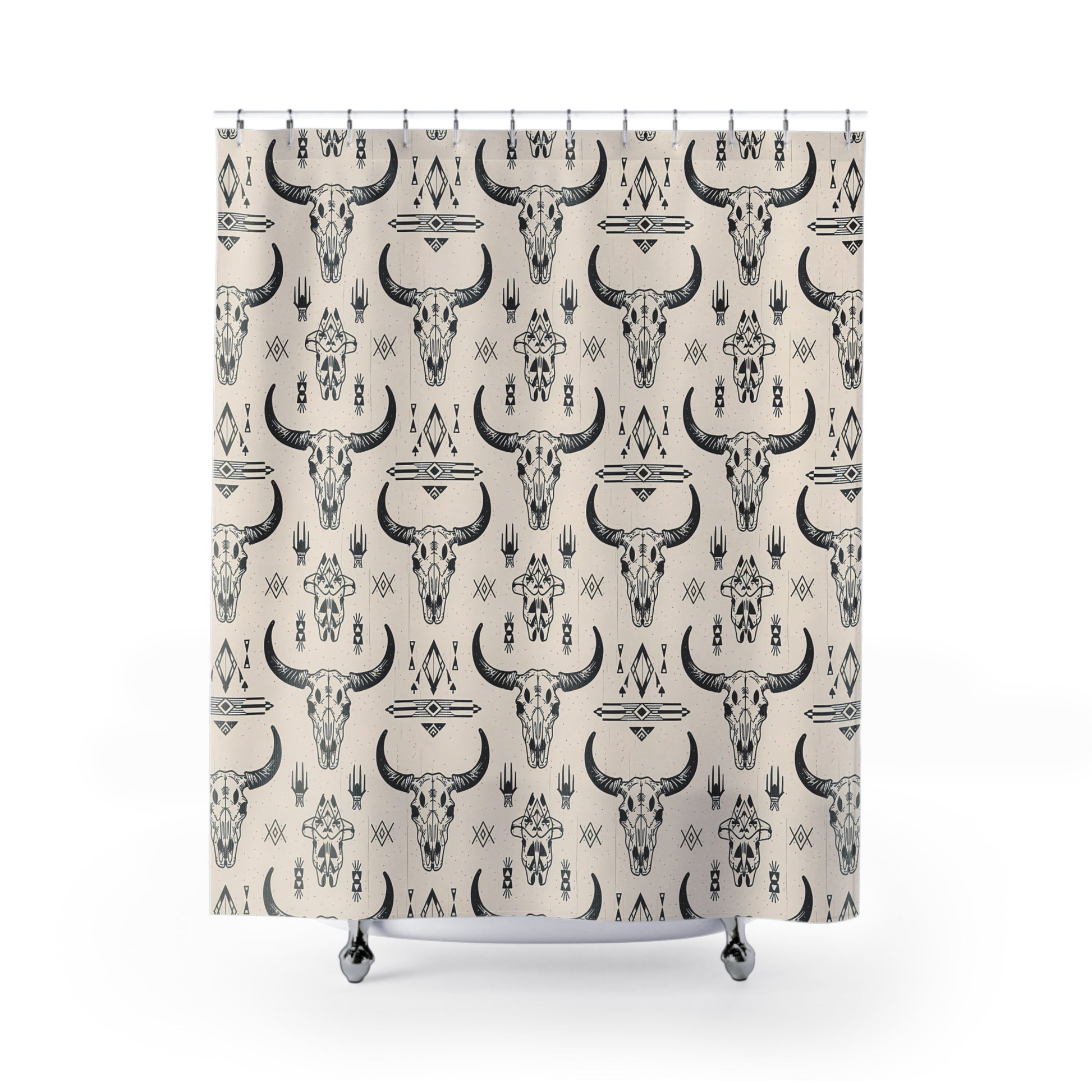 Rustic Bull Skull Shower Curtain - Boho Home Decor, Western Style Bathroom, Unique Gift for Cowgirls and Farmhouse Lovers, Tribal Design - LOLA VEGAS ART