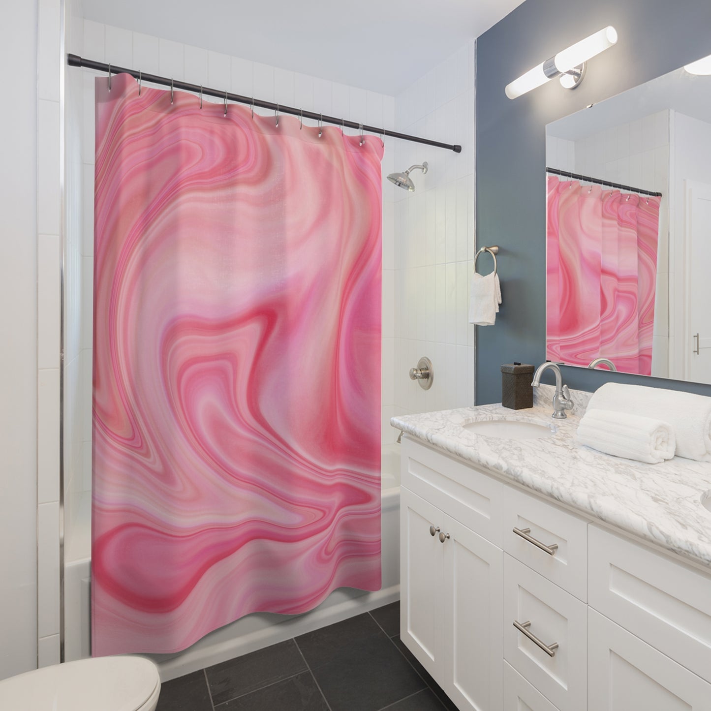 Abstract Pink Shower Curtain, Bohemian Bathroom Decor, Modern Home Accessory, Gift for Her, Relaxing Oasis, Pink and Whiet Swirl