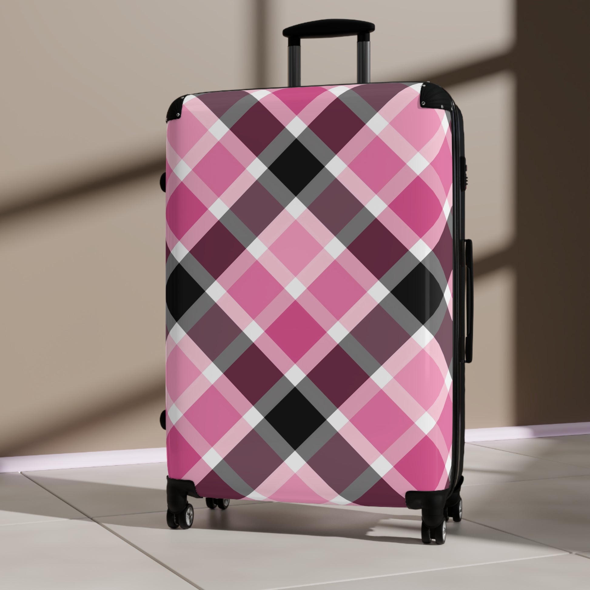 Stylish Plaid Suitcase for Travel, Luggage, Gift for Travelers, Vacation Essentials, Stylish Travel Gear, Pink and Black, Preppy Suitcase - LOLA VEGAS ART