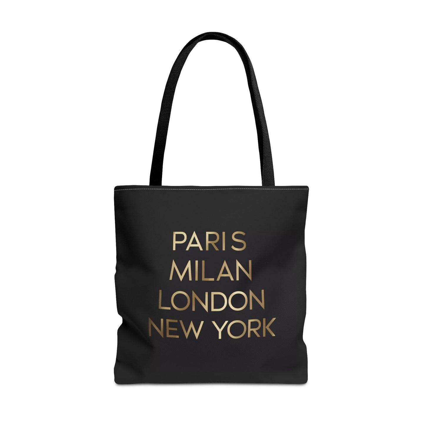 Fashionista Style Black Tote Bag - Paris Milan London New York Gold Typography, Travel Accessory, City Names, Shopping Bag, Fashion Lover - LOLA VEGAS ART
